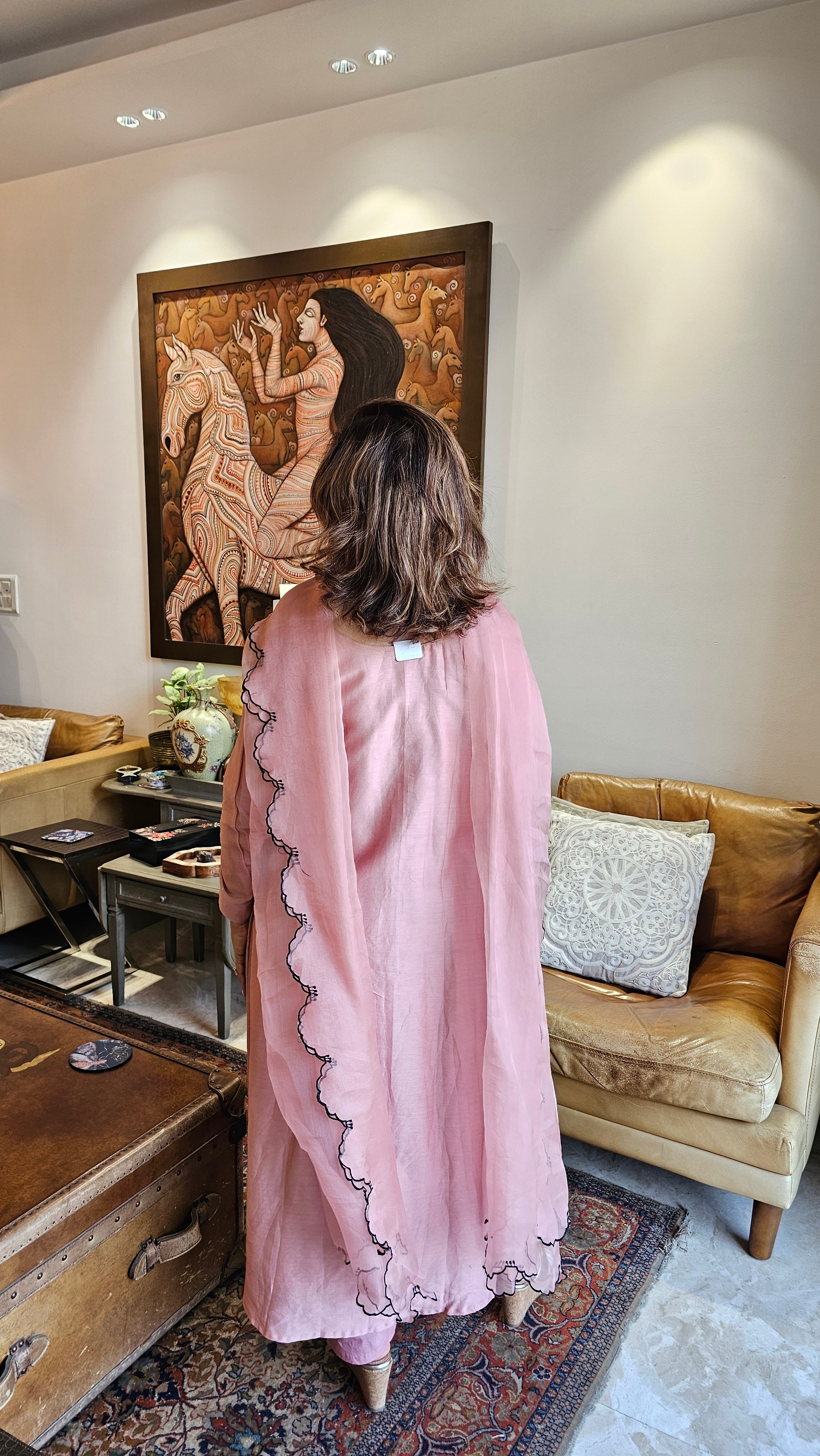 Stunning Chanderi Top with Applique Patch and Bead work with Cotton Bottom & Organza Cut work Dupatta