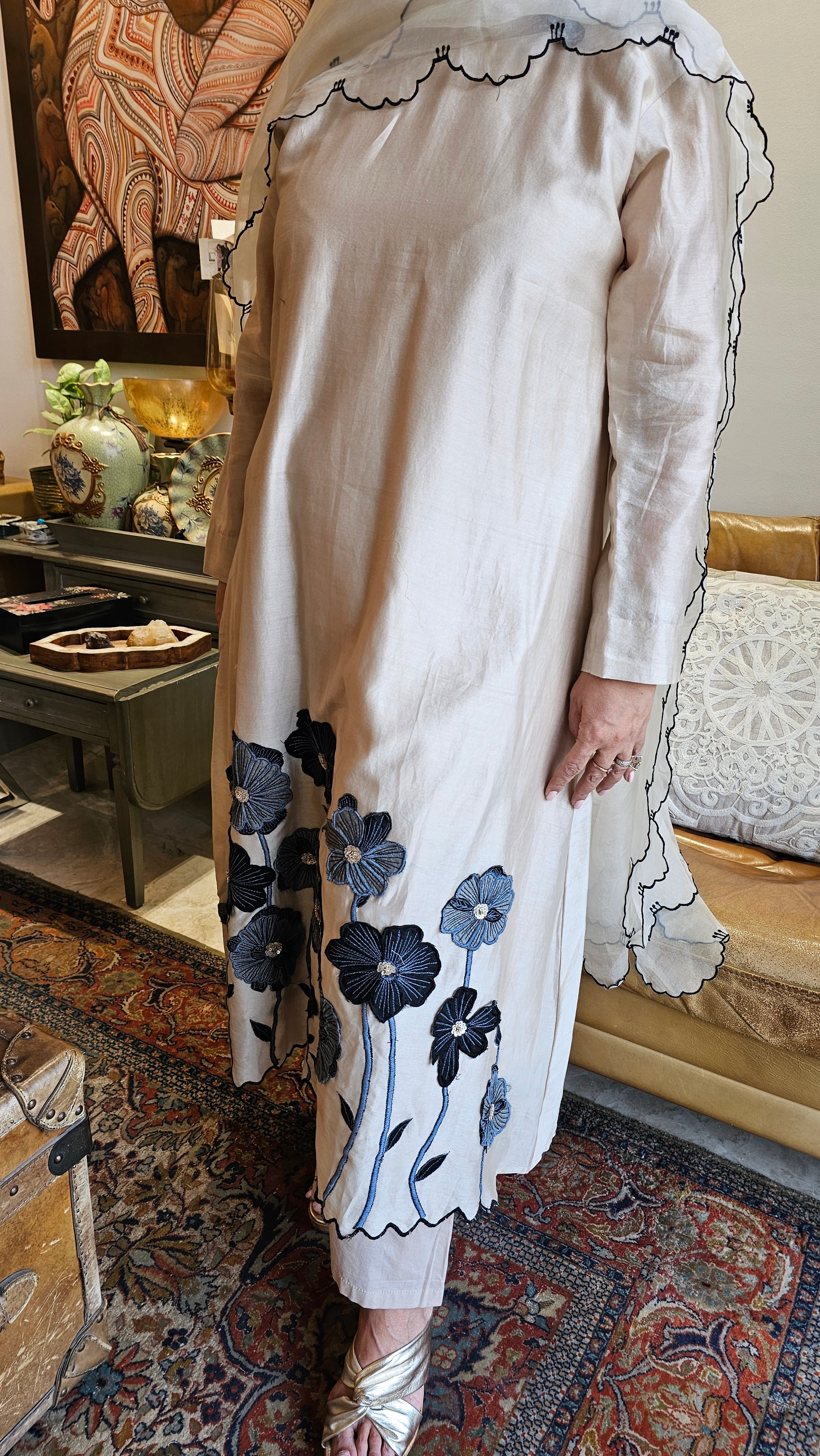 Stunning Chanderi Top with Applique Patch and Bead work with Cotton Bottom & Organza Cut work Dupatta