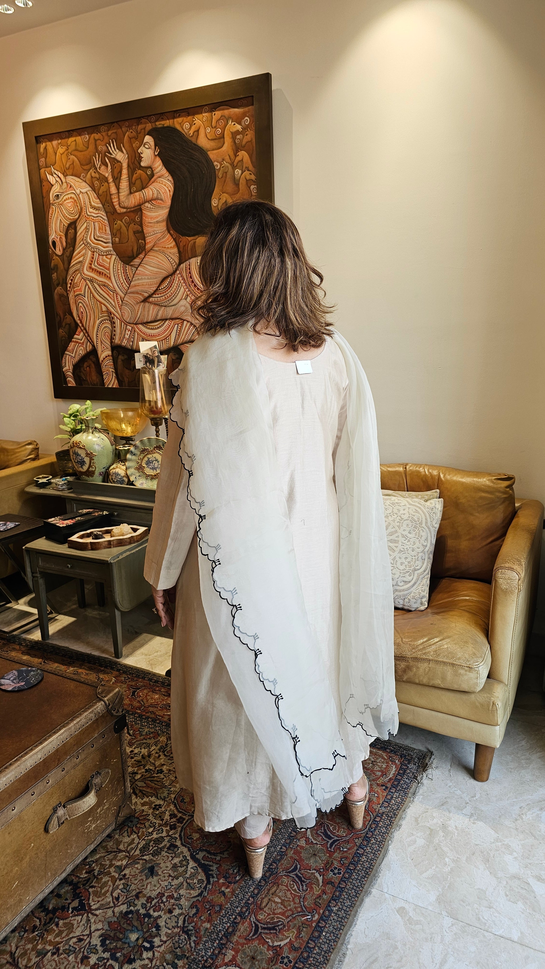 Stunning Chanderi Top with Applique Patch and Bead work with Cotton Bottom & Organza Cut work Dupatta