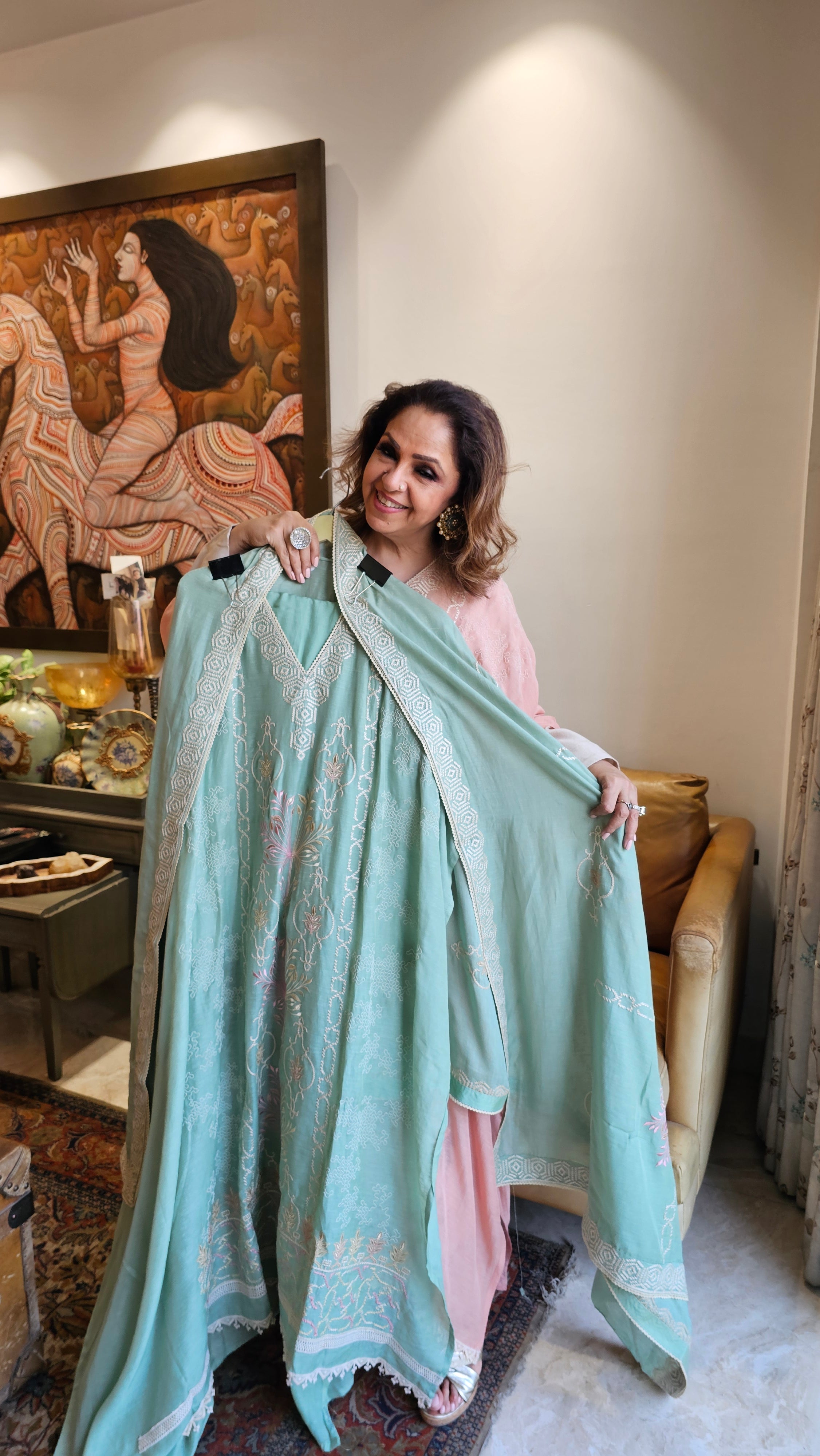 Beautiful Linen Suit with Muslin Bottom With Hand Embroidery
