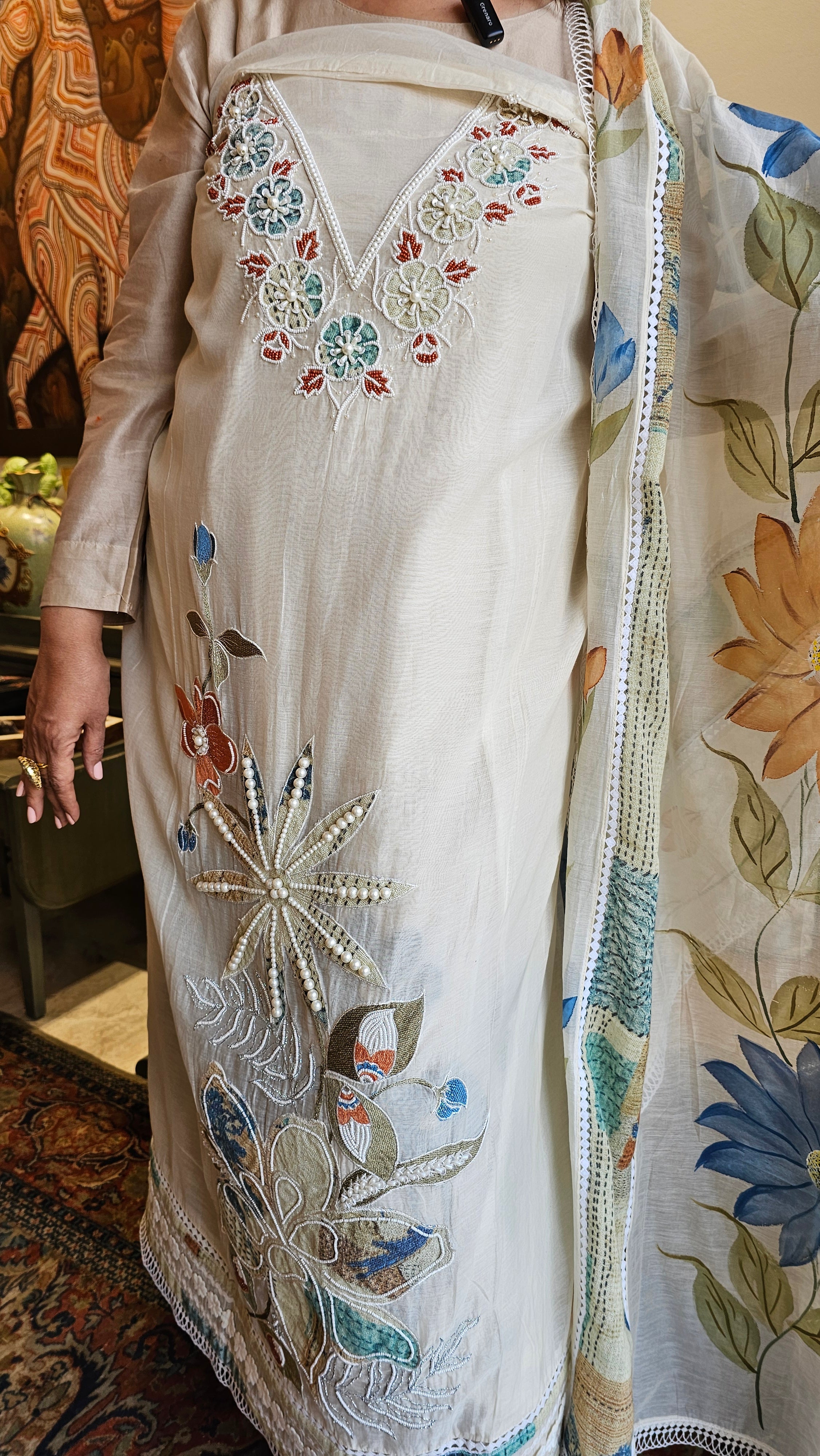 Beautiful Mul Fabric Unstitched  Suit Embellished with Hand Work