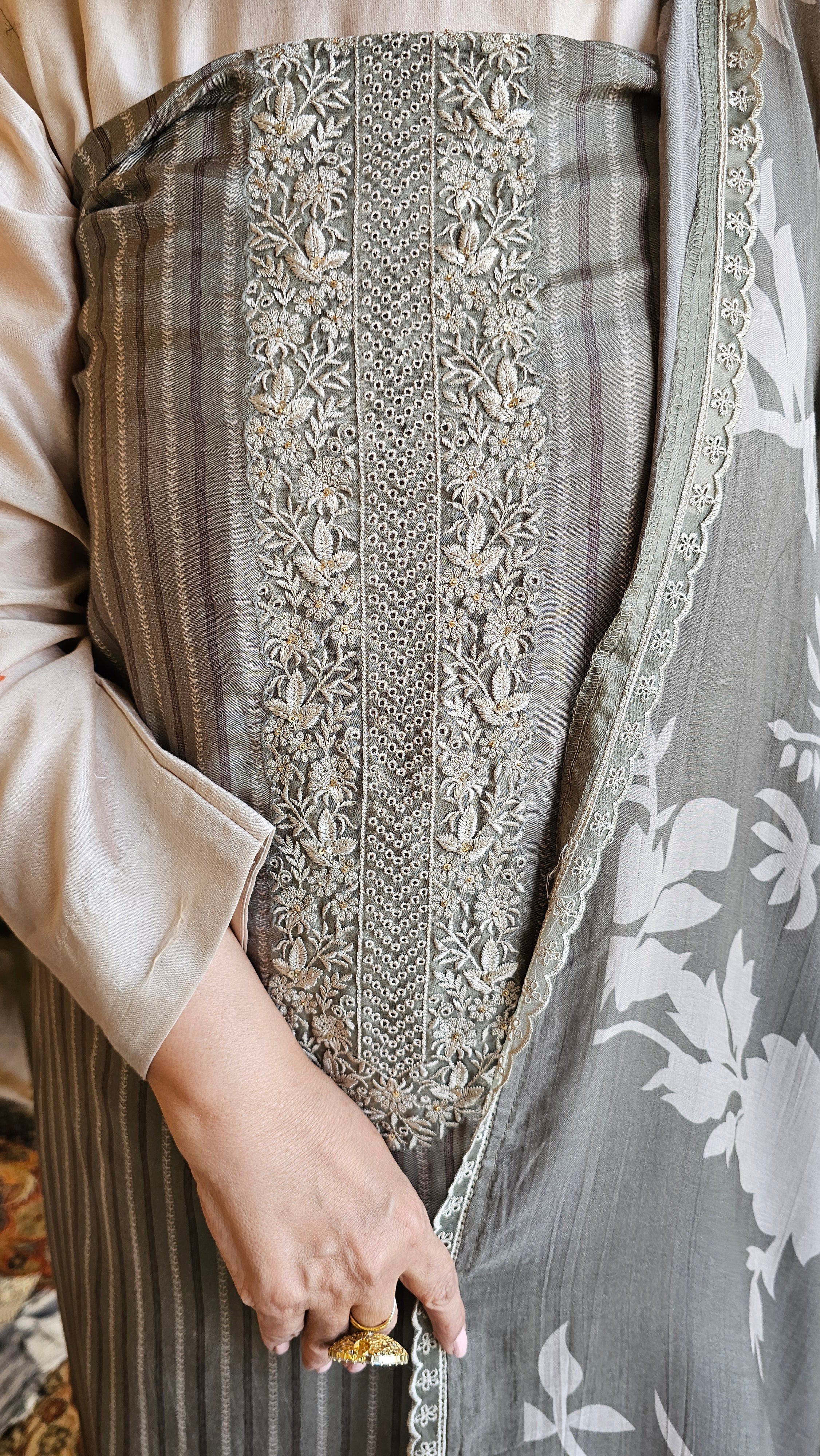 Beautiful Crepe Unstitched Suit with Hand Work
