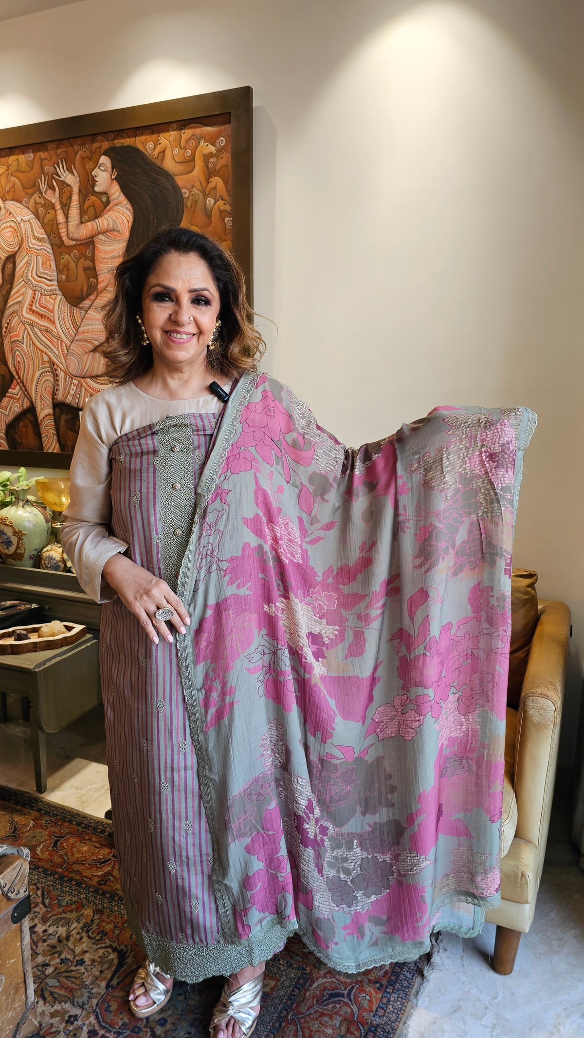 Beautiful Crepe Unstitched Suit with Printed Muslin Dupatta embellished with Hand Work