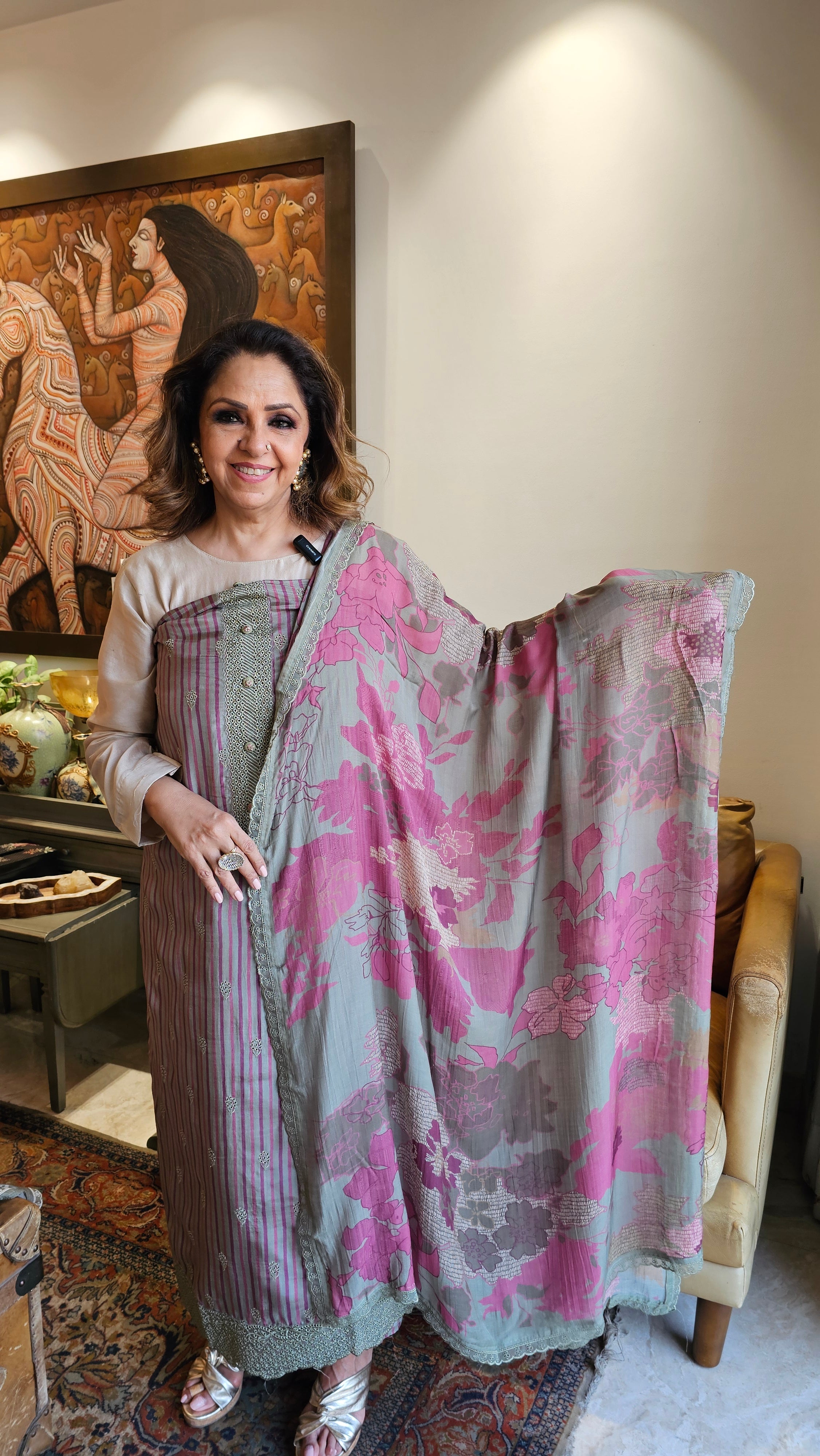 Beautiful Crepe Unstitched Suit with Printed Muslin Dupatta embellished with Hand Work