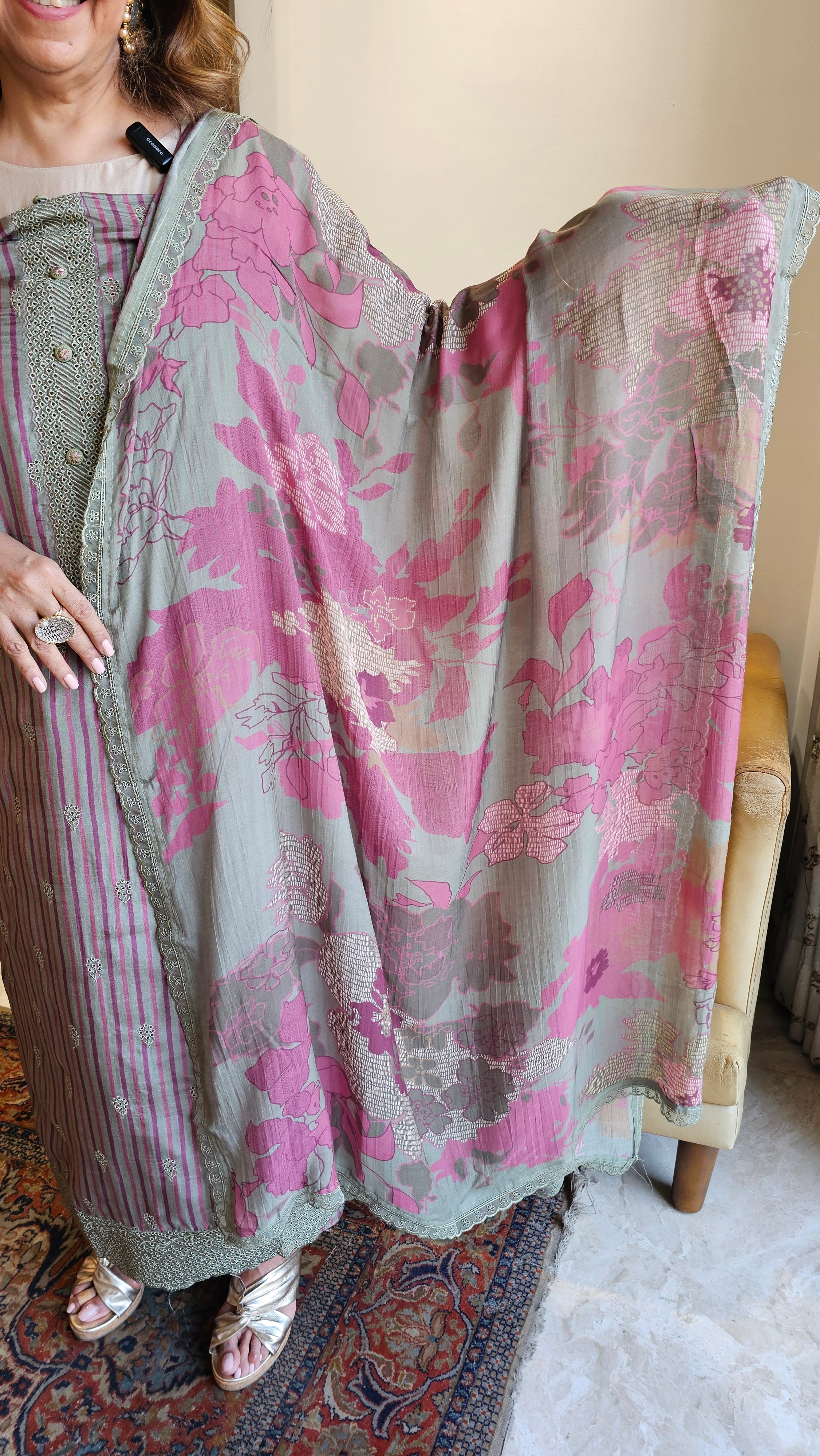 Beautiful Crepe Unstitched Suit with Printed Muslin Dupatta embellished with Hand Work