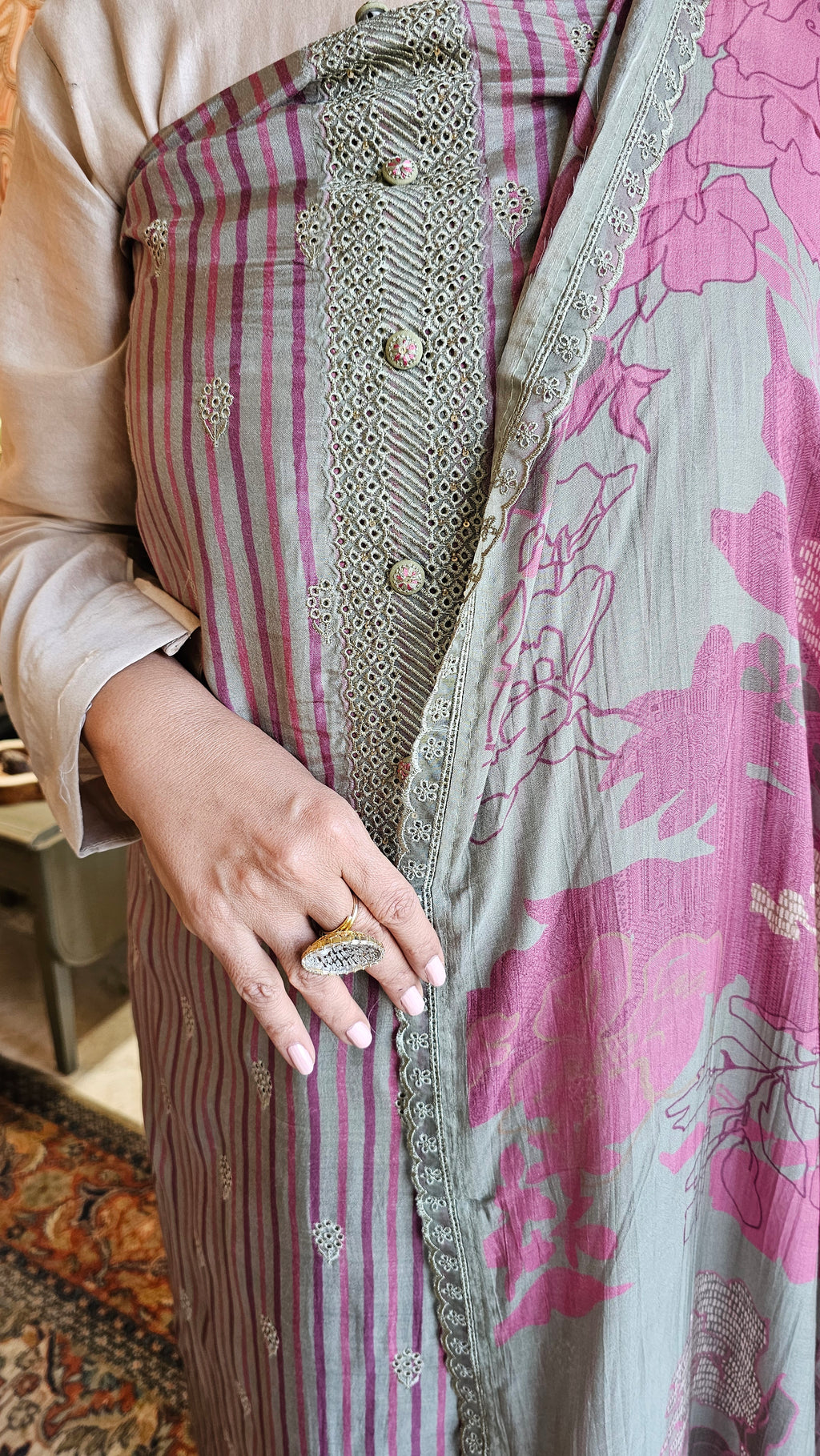 Beautiful Crepe Unstitched Suit with Printed Muslin Dupatta embellished with Hand Work