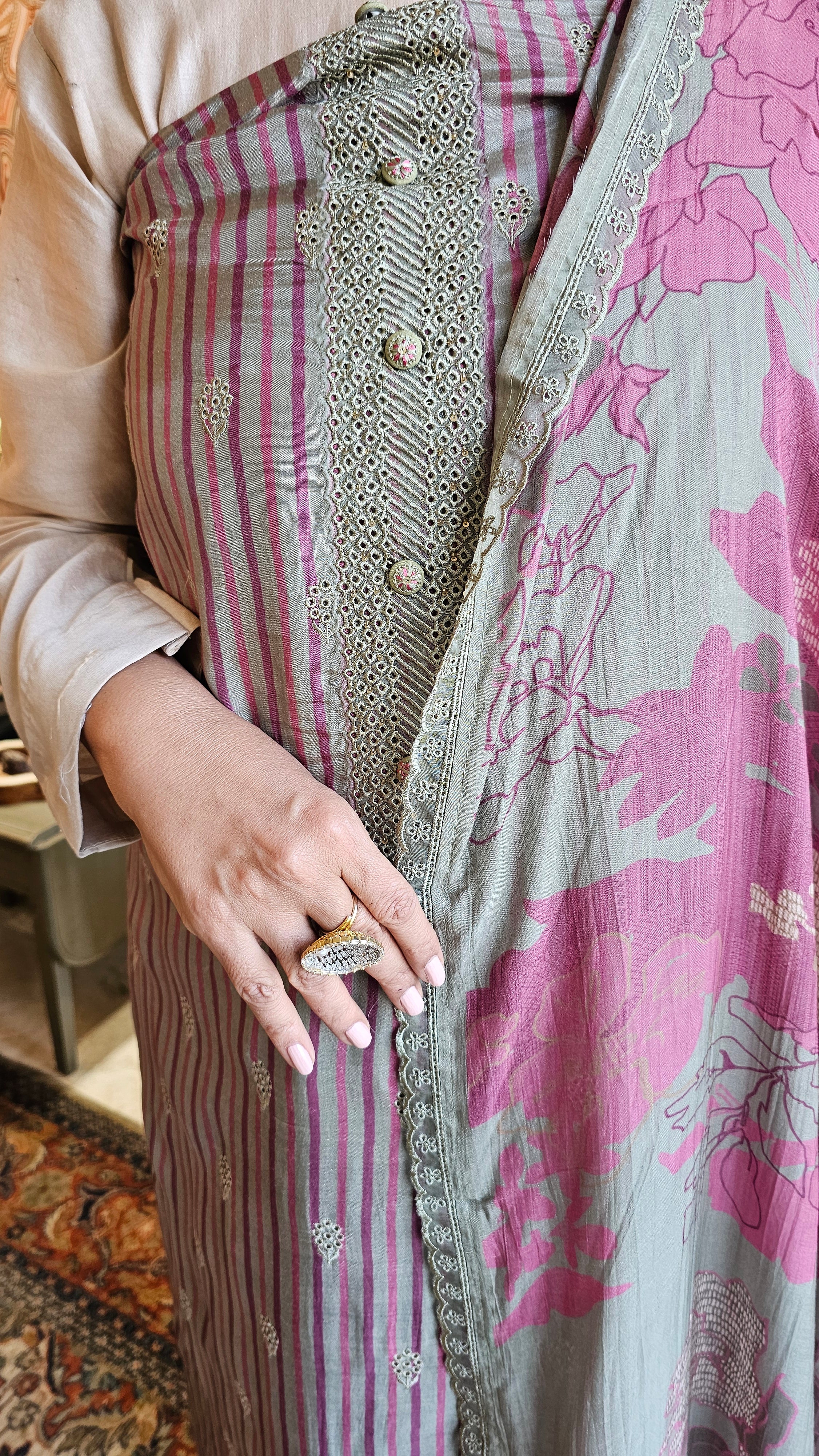 Beautiful Crepe Unstitched Suit with Printed Muslin Dupatta embellished with Hand Work