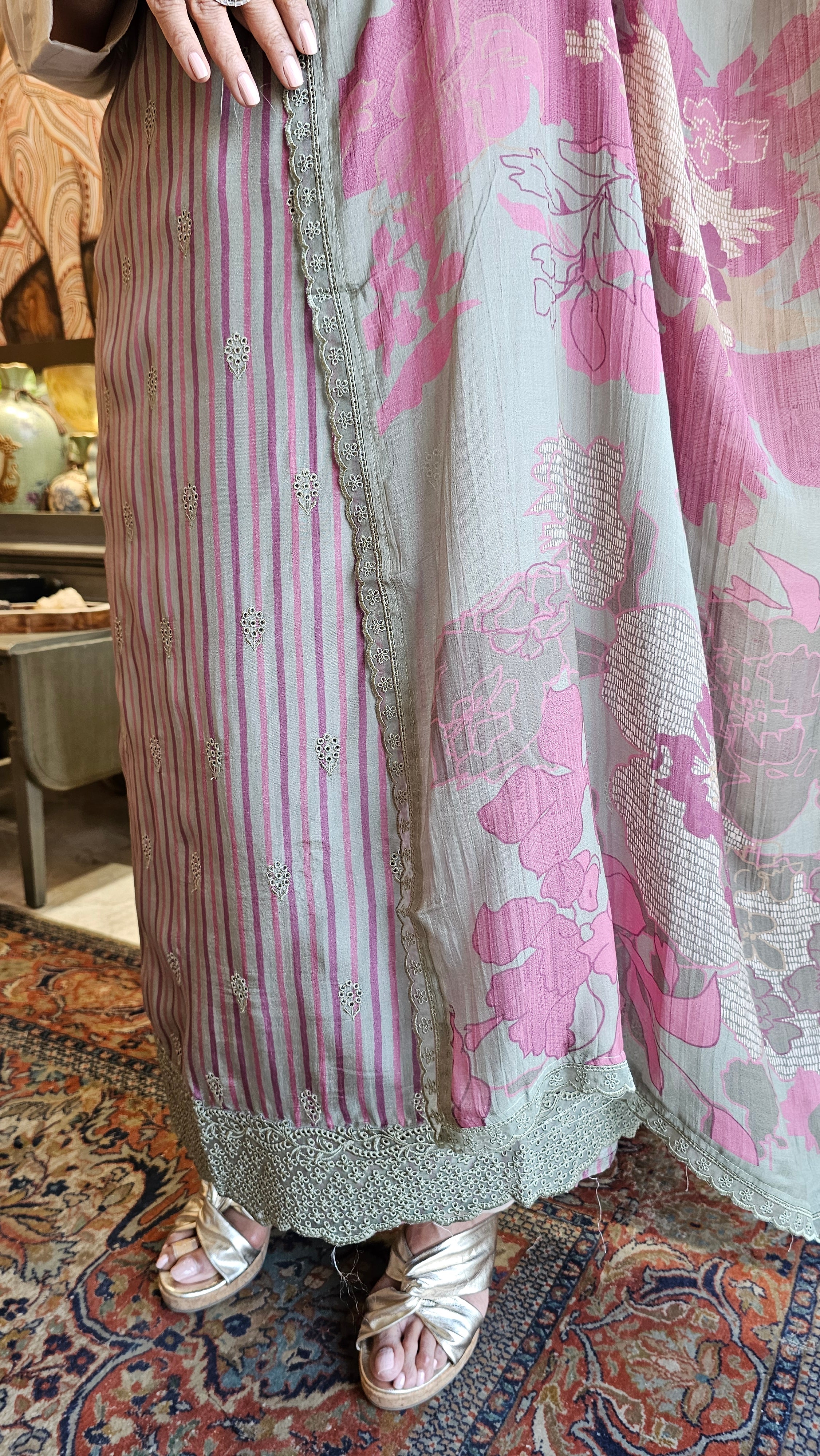 Beautiful Crepe Unstitched Suit with Printed Muslin Dupatta embellished with Hand Work