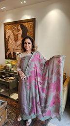 Beautiful Crepe Unstitched Suit with Printed Muslin Dupatta embellished with Hand Work