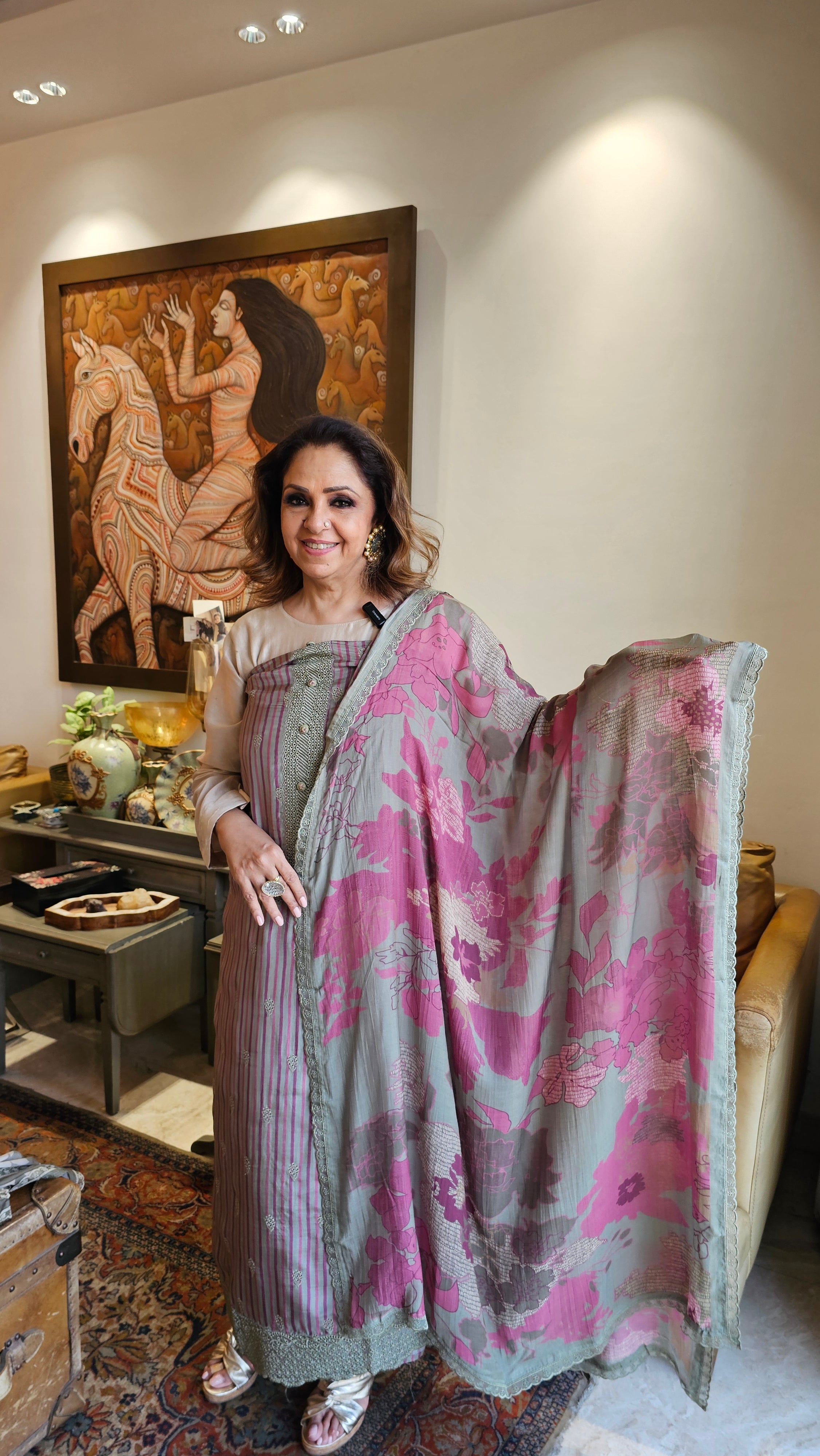 Beautiful Crepe Unstitched Suit with Printed Muslin Dupatta embellished with Hand Work