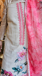 Summery Jute Fabric Unstitched Suit with Applique and Lace work