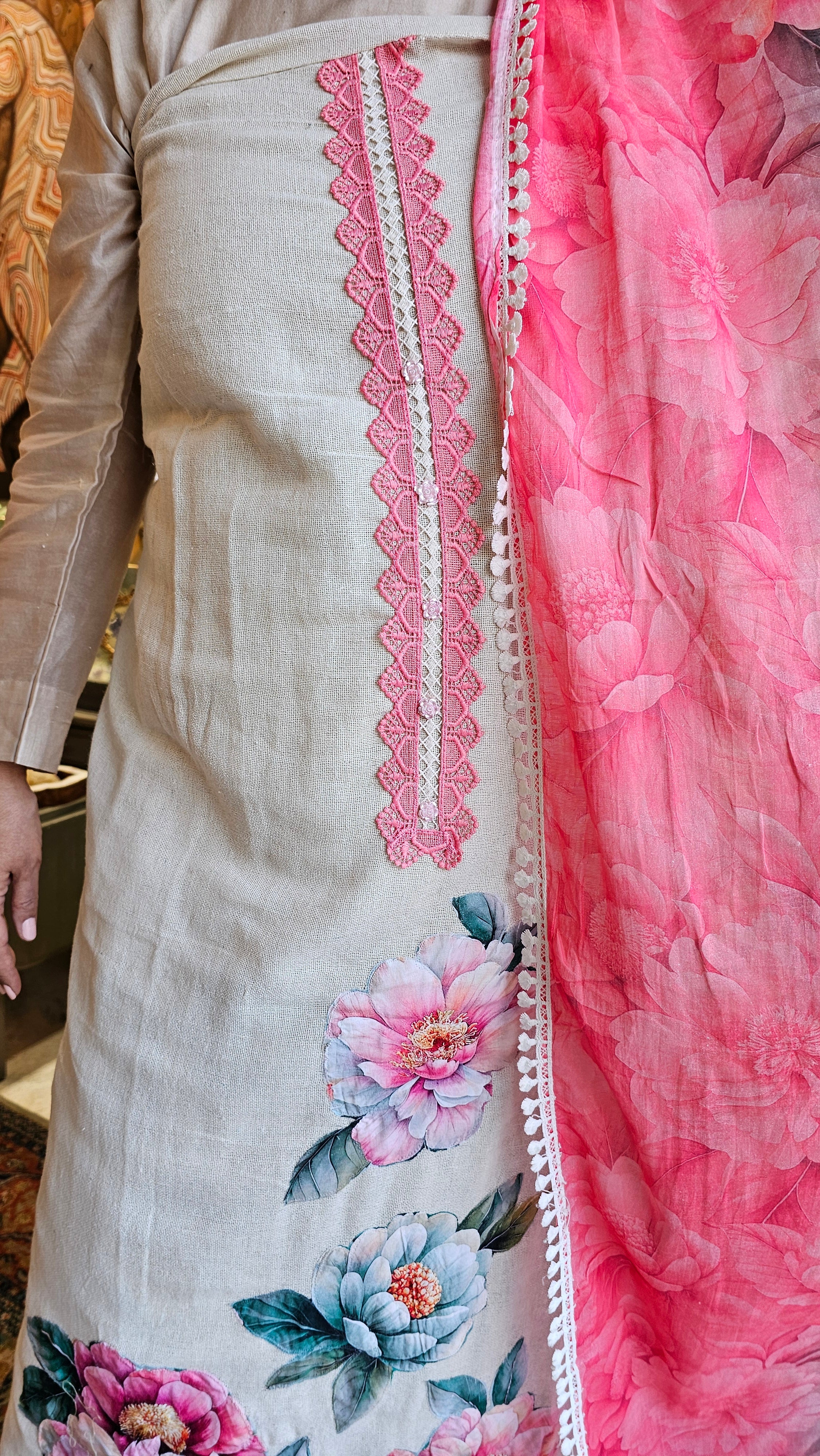 Summery Jute Fabric Unstitched Suit with Applique and Lace work