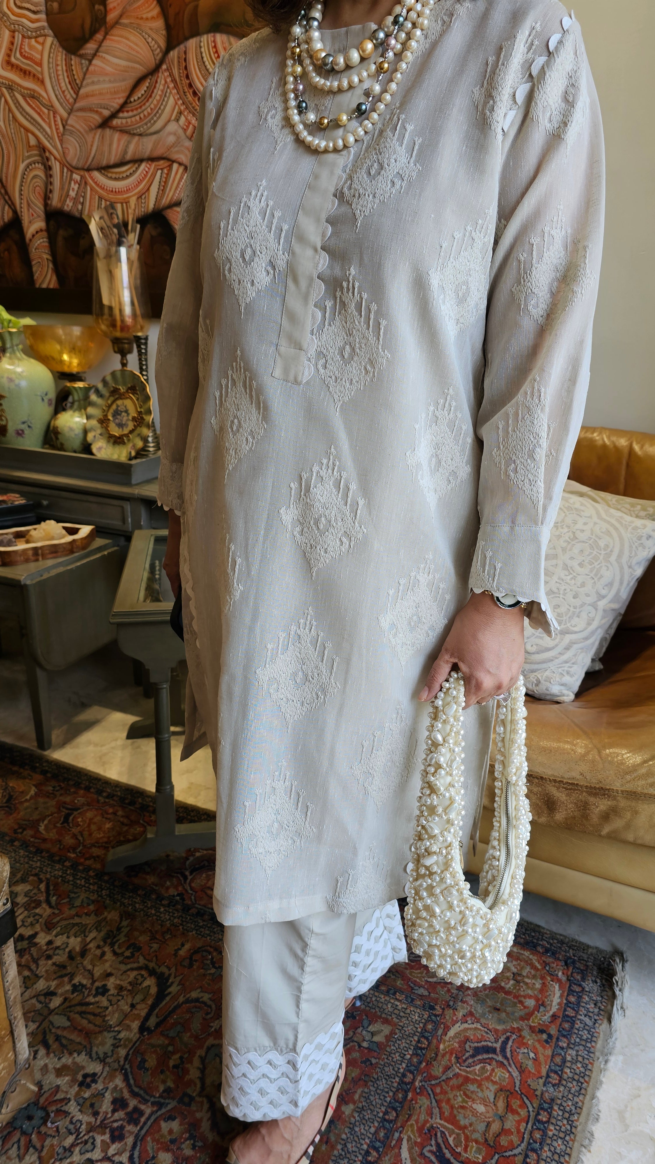 Stunning Embroidered Linen Outfit With Lycra Cotton Pants