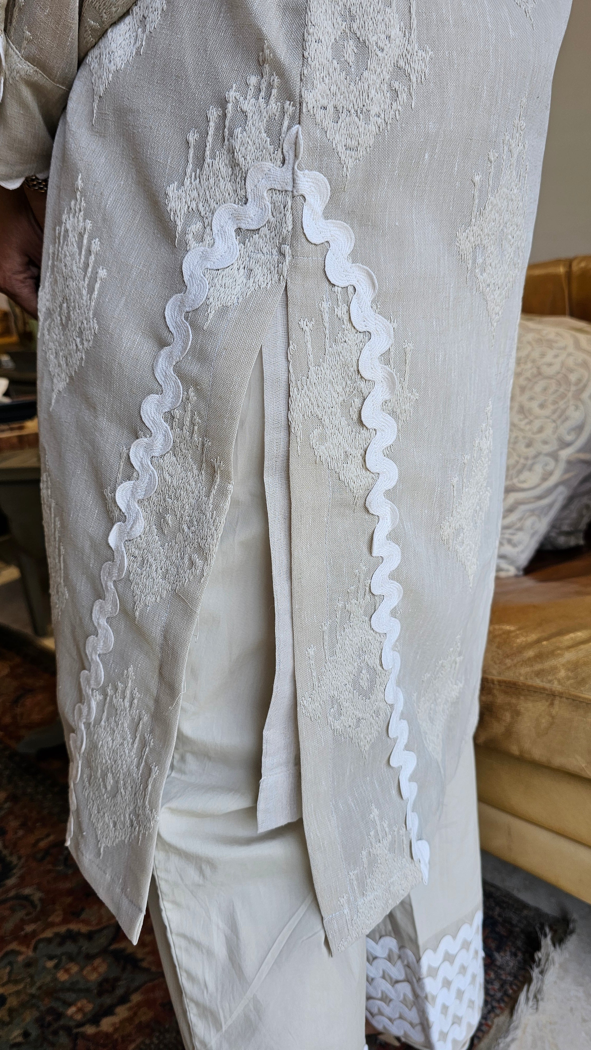 Stunning Embroidered Linen Outfit With Lycra Cotton Pants