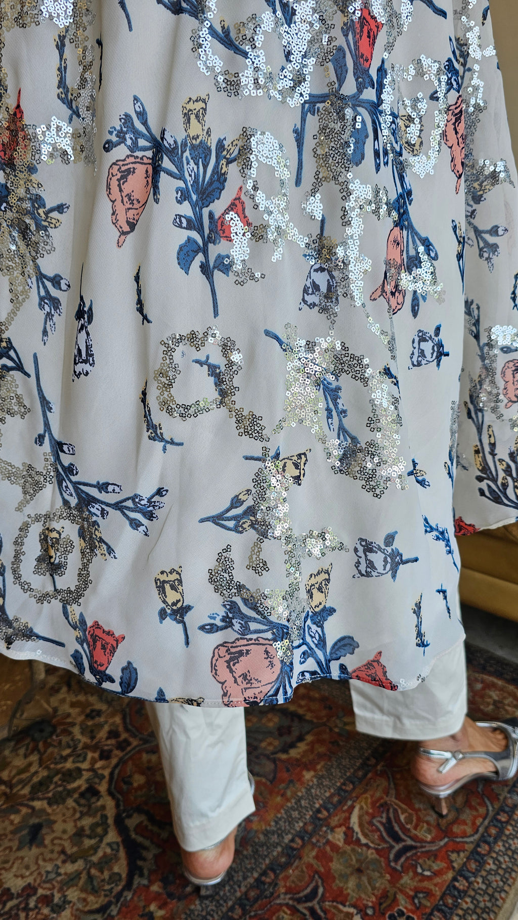 Beautiful Georgette Flared Digital Print Top with Sequins Embroidery