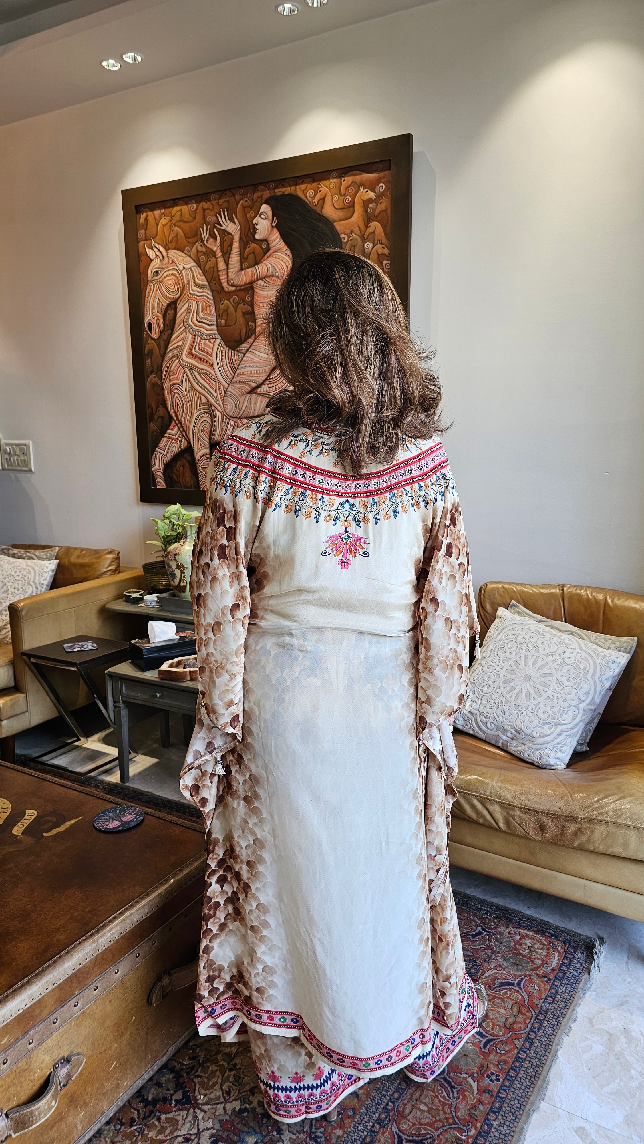 Beautiful Crepe Digital Printed Kaftan Outfit With Zari & Pearl Work