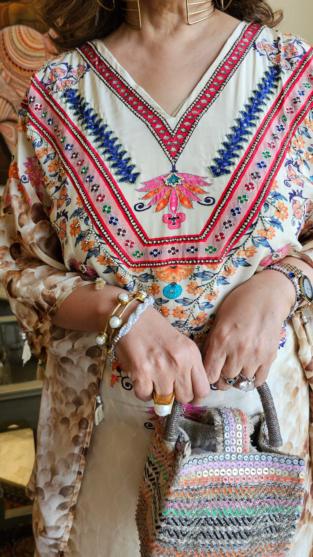 Beautiful Crepe Digital Printed Kaftan Outfit With Zari & Pearl Work