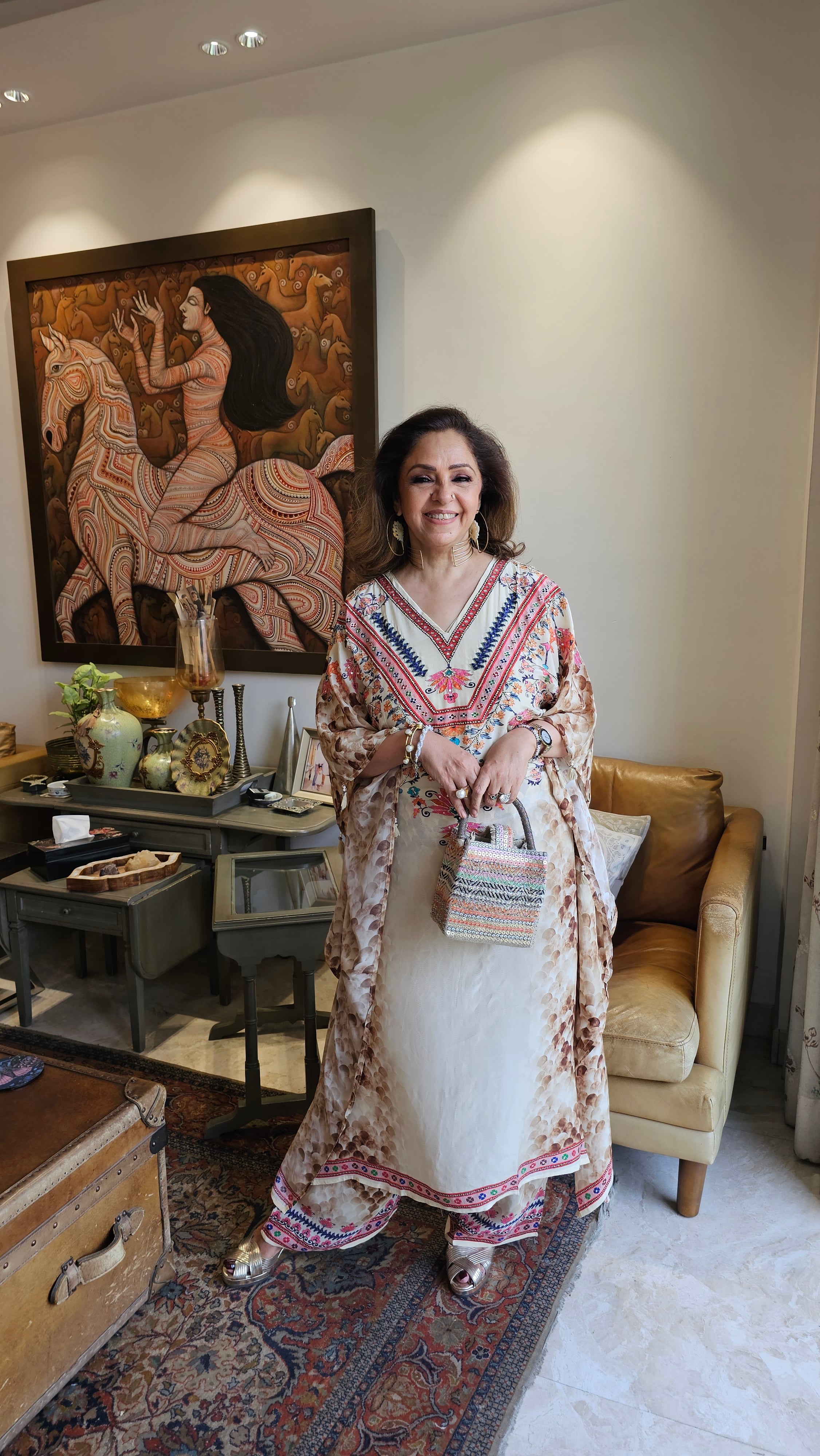 Beautiful Crepe Digital Printed Kaftan Outfit With Zari & Pearl Work