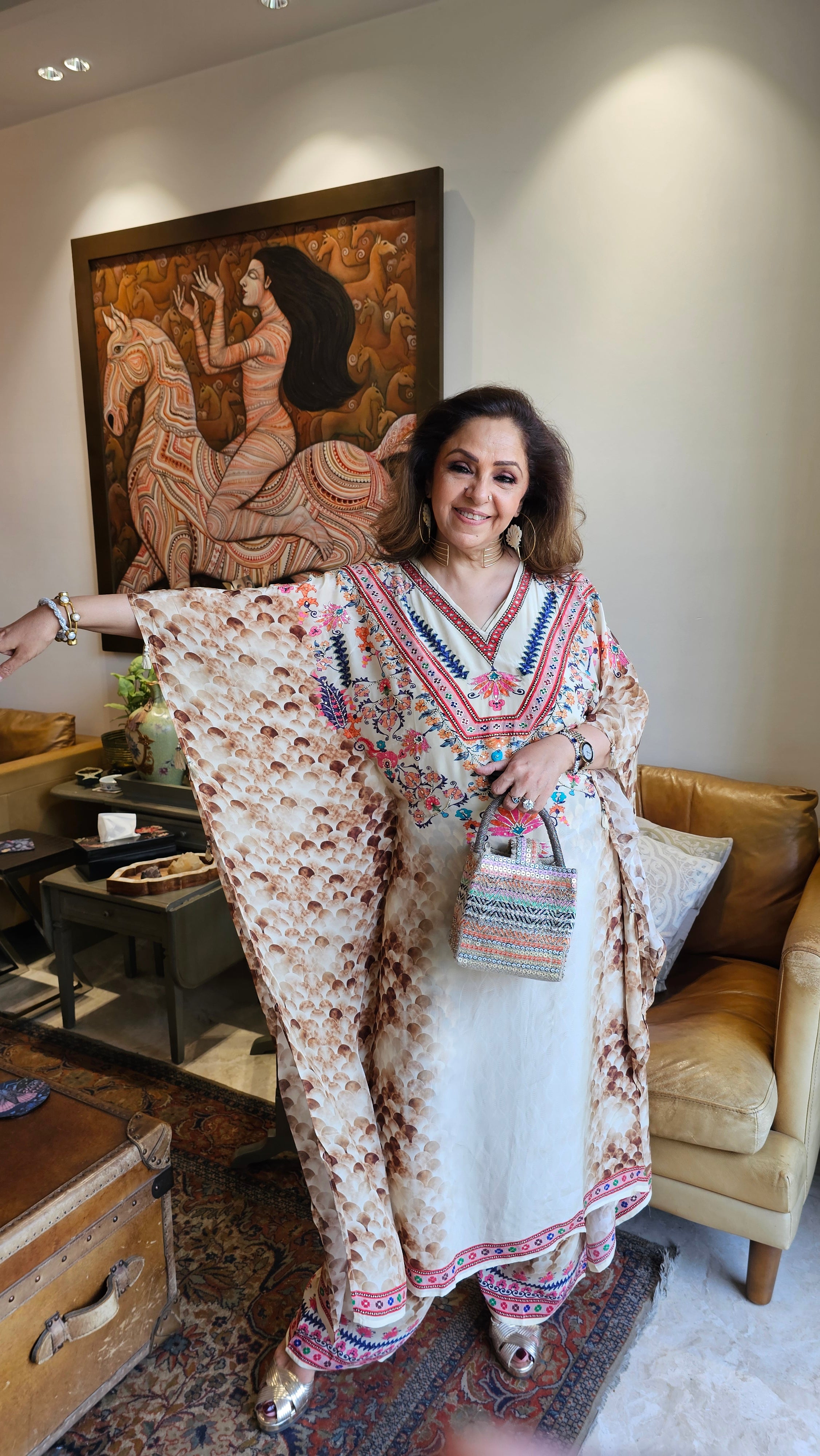 Beautiful Crepe Digital Printed Kaftan Outfit With Zari & Pearl Work