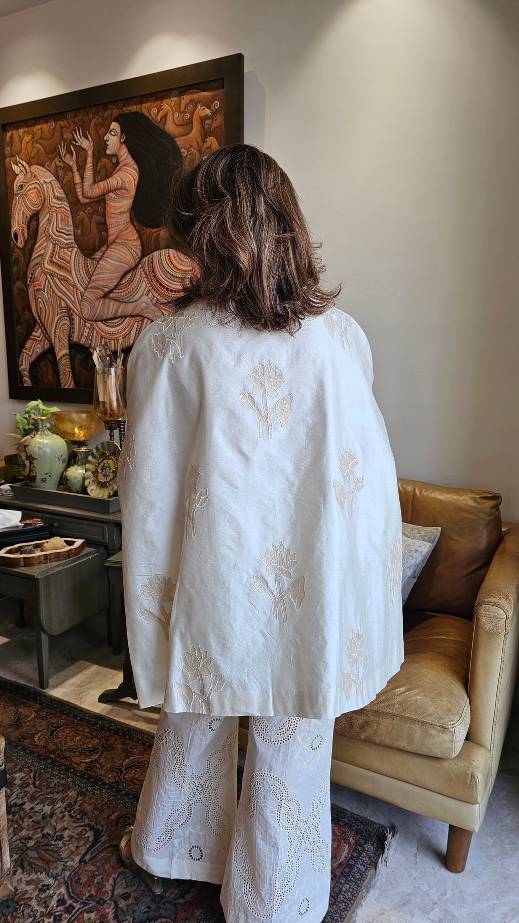 Beautiful Chanderi Top with Embroidery Dressed with Crochet Buttons & with Cotton Chikan Bottom