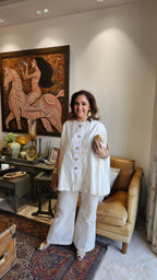 Beautiful Chanderi Top with Embroidery Dressed with Crochet Buttons & with Cotton Chikan Bottom