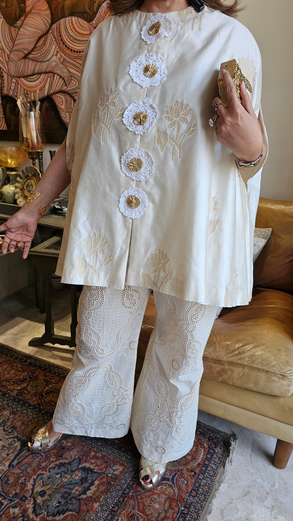 Beautiful Chanderi Top with Embroidery Dressed with Crochet Buttons & with Cotton Chikan Bottom