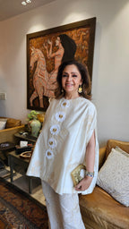 Beautiful Chanderi Top with Embroidery Dressed with Crochet Buttons & with Cotton Chikan Bottom