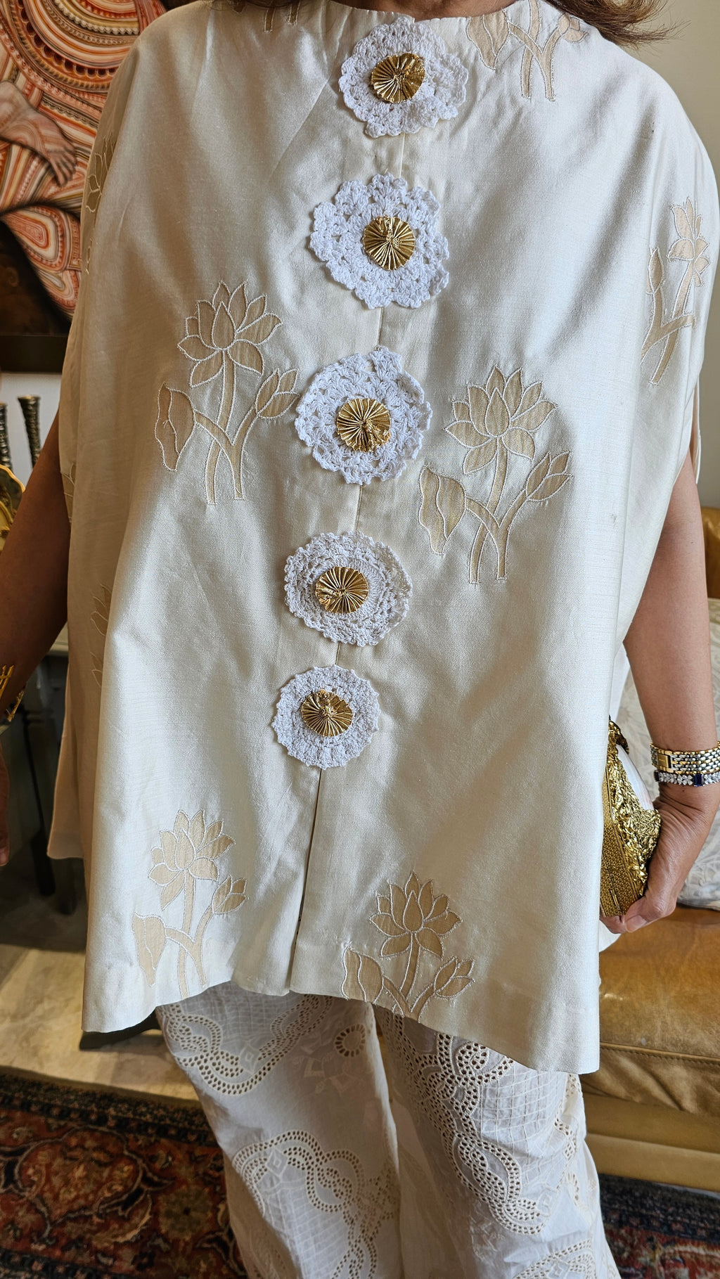 Beautiful Chanderi Top with Embroidery Dressed with Crochet Buttons & with Cotton Chikan Bottom