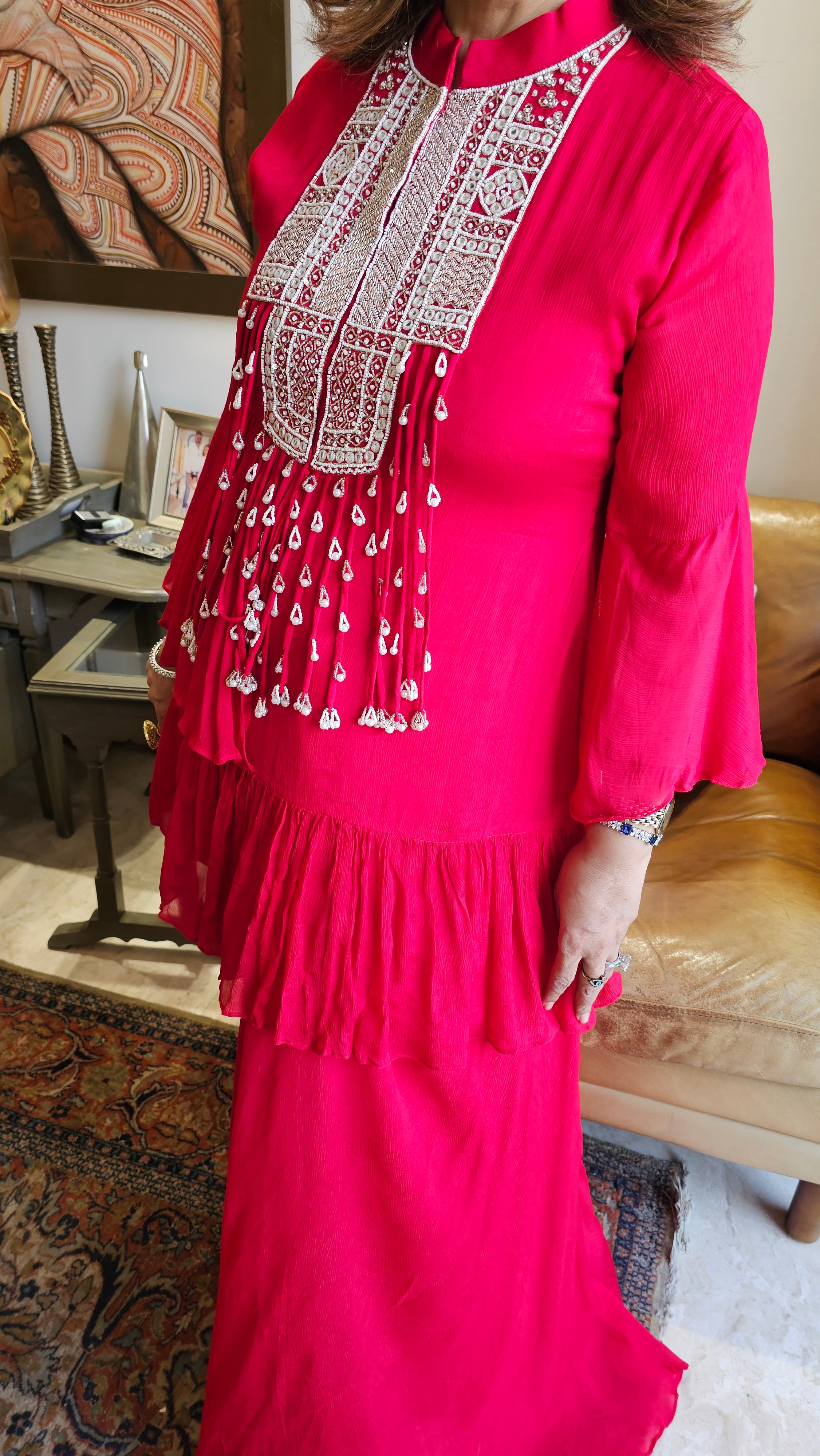 Beautiful Chinon Outfit with Pearl & Hand work