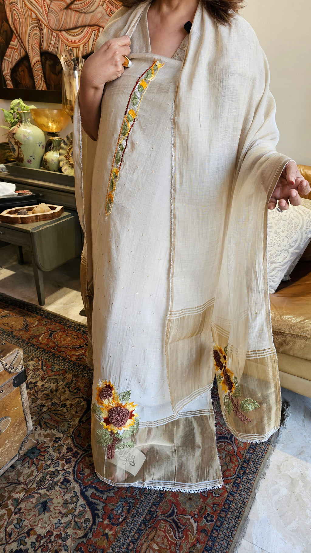 Stunning Mul Chanderi Suit with Hand Embroidery and Lace work