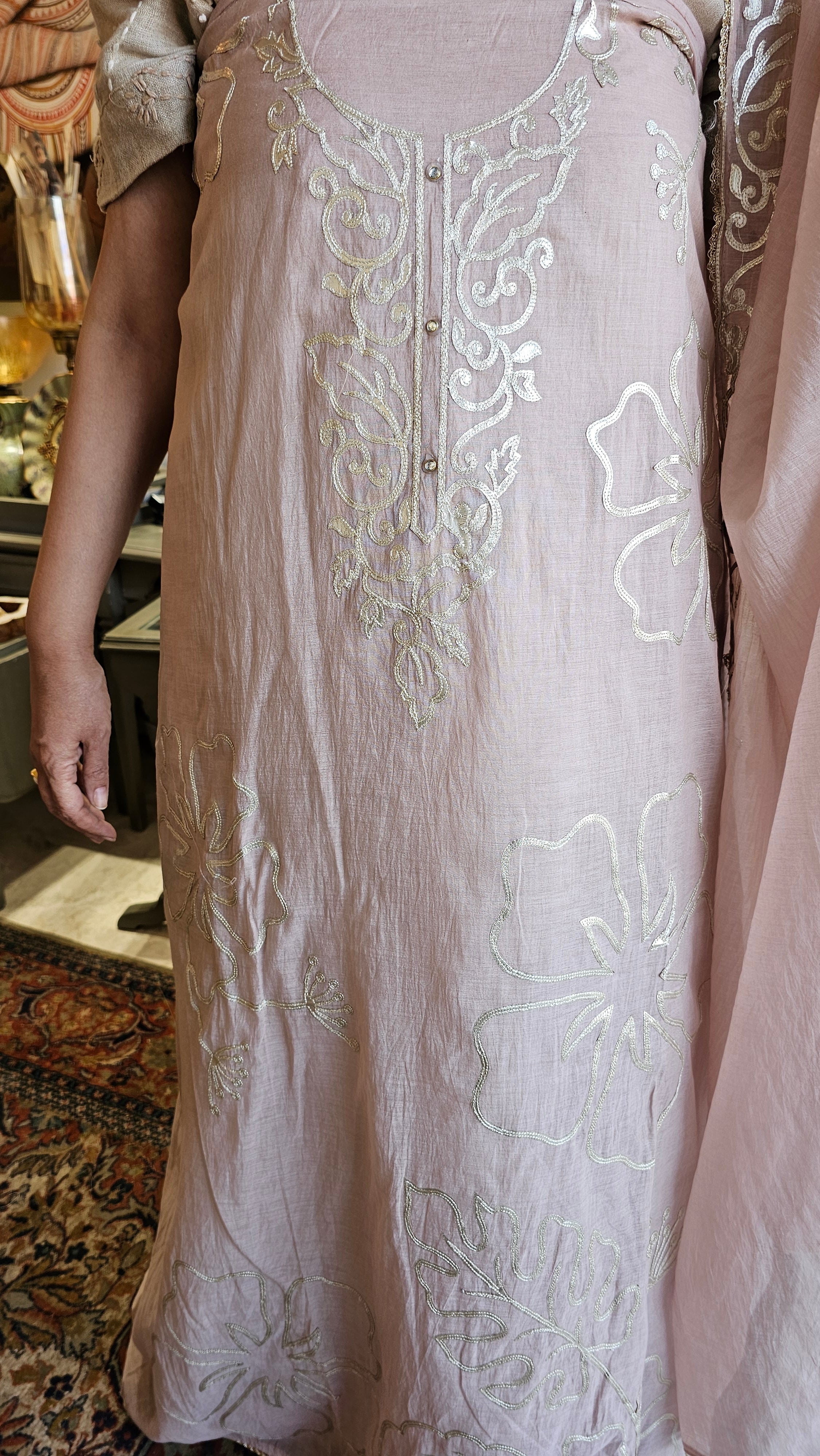 Beautiful Mul Chanderi Suit with Leather Applique Patch Work