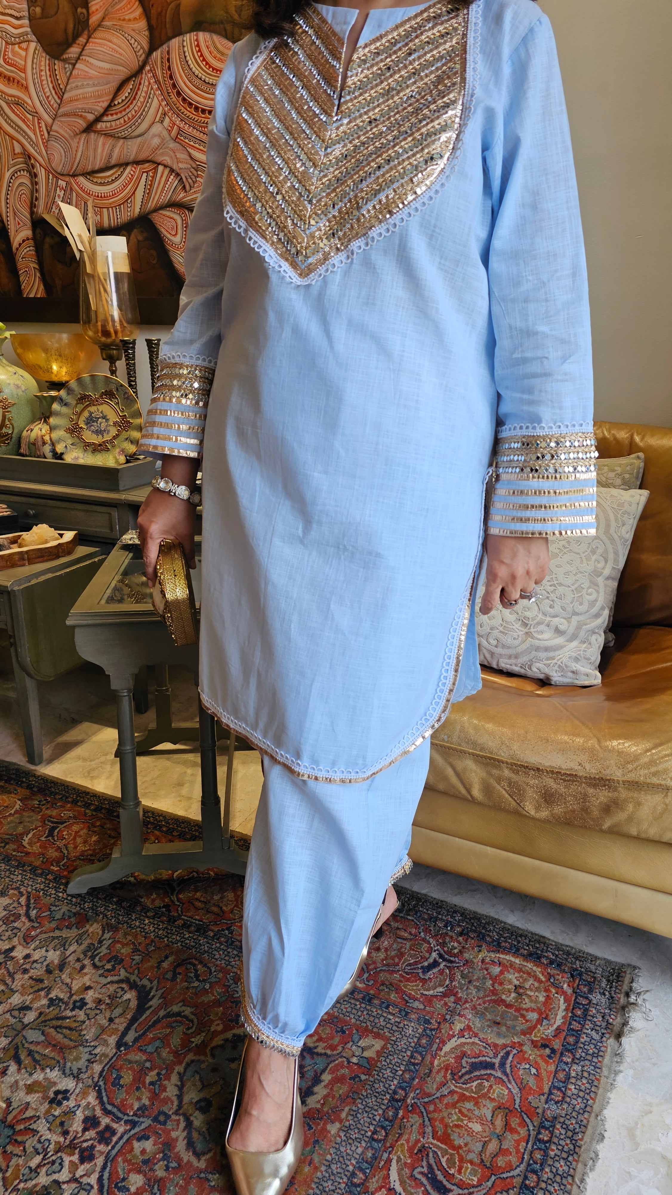 Beautiful Linen Co-ord Set With Gota & Mirror Work
