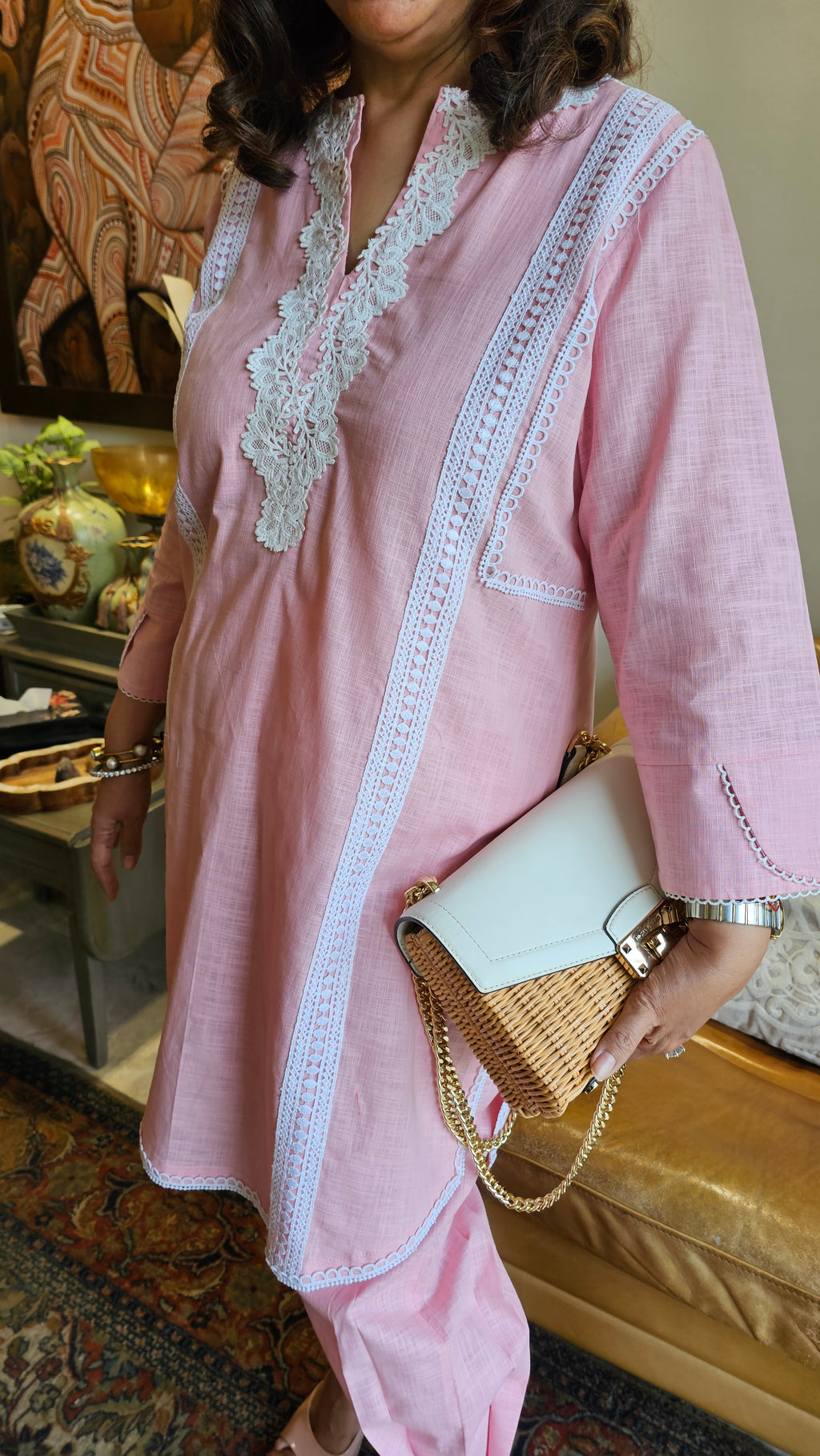 Beautiful Linen Co-ord Set With Lace Cut Work