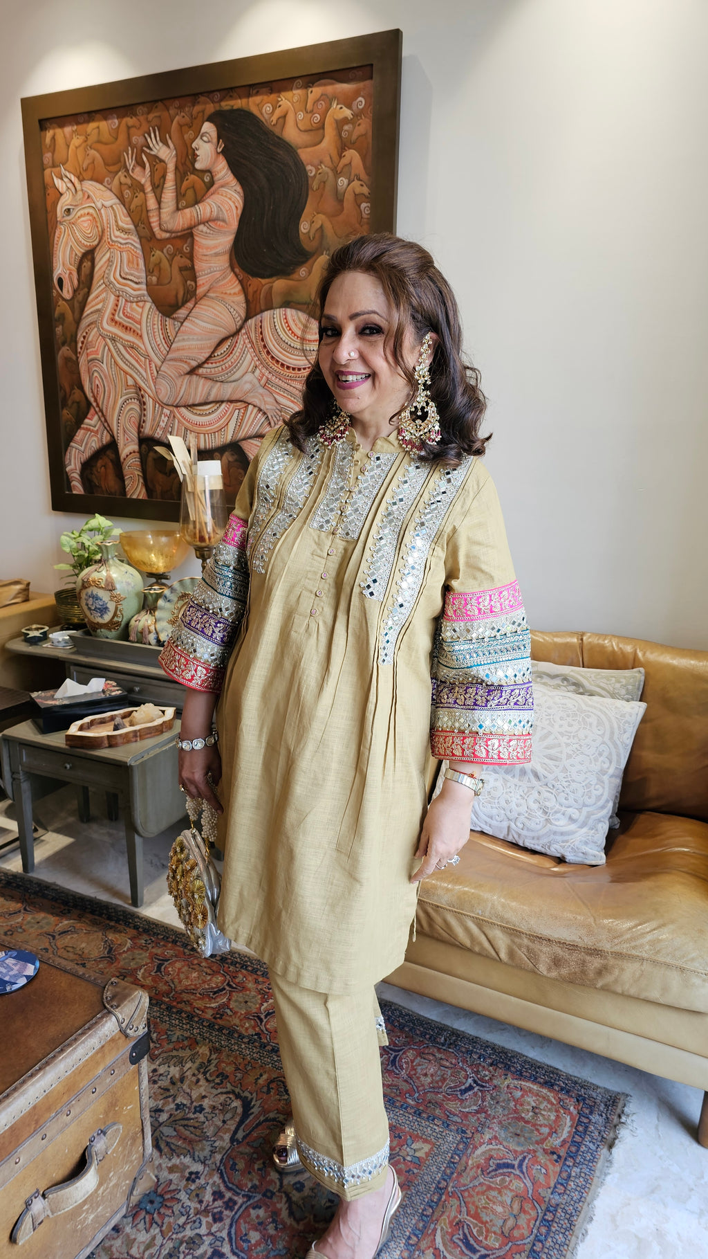 Stunning Linen Co-ord Set With Gota & Mirror Work