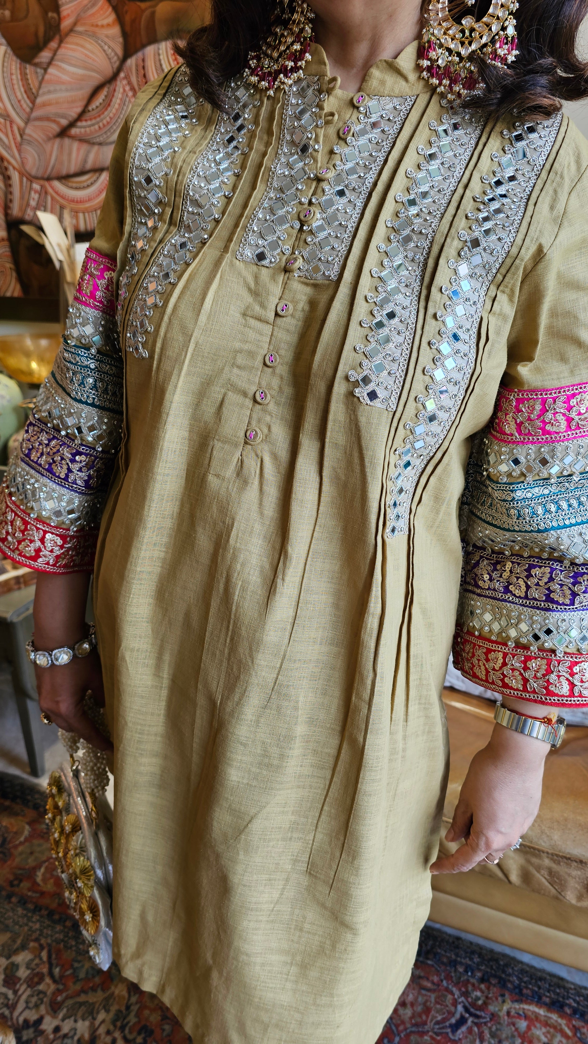 Stunning Linen Co-ord Set With Gota & Mirror Work