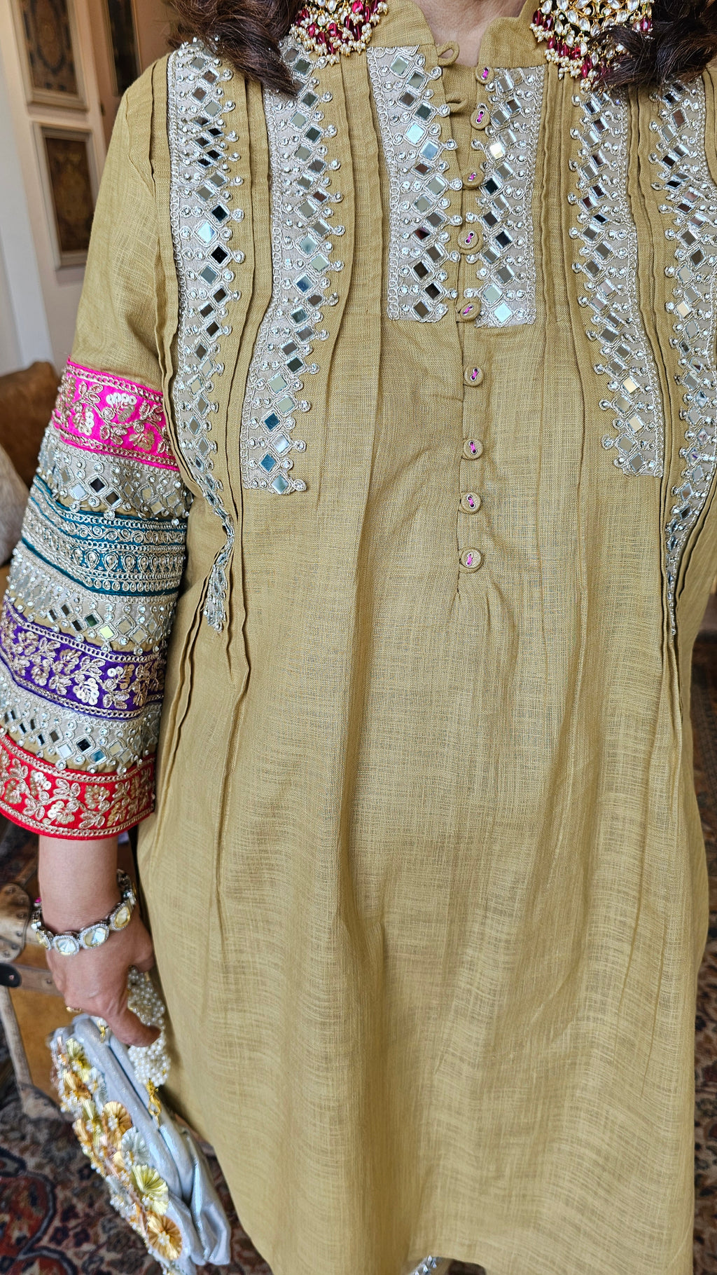 Stunning Linen Co-ord Set With Gota & Mirror Work