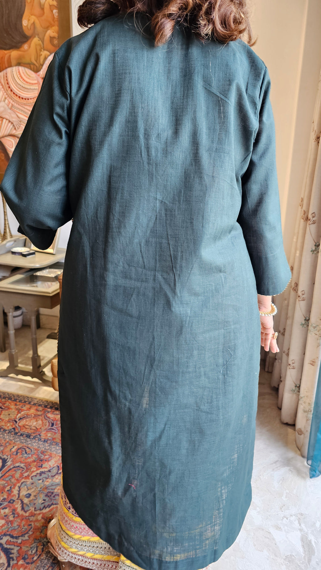 Stunning Land & Short Linen Kurta & Pants With Zari, Gota & Sippi Sitara Work