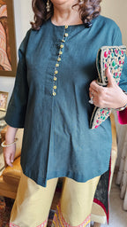 Stunning Land & Short Linen Kurta & Pants With Zari, Gota & Sippi Sitara Work