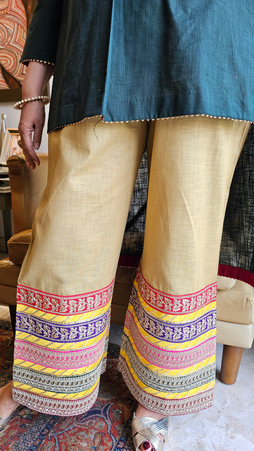 Stunning Land & Short Linen Kurta & Pants With Zari, Gota & Sippi Sitara Work