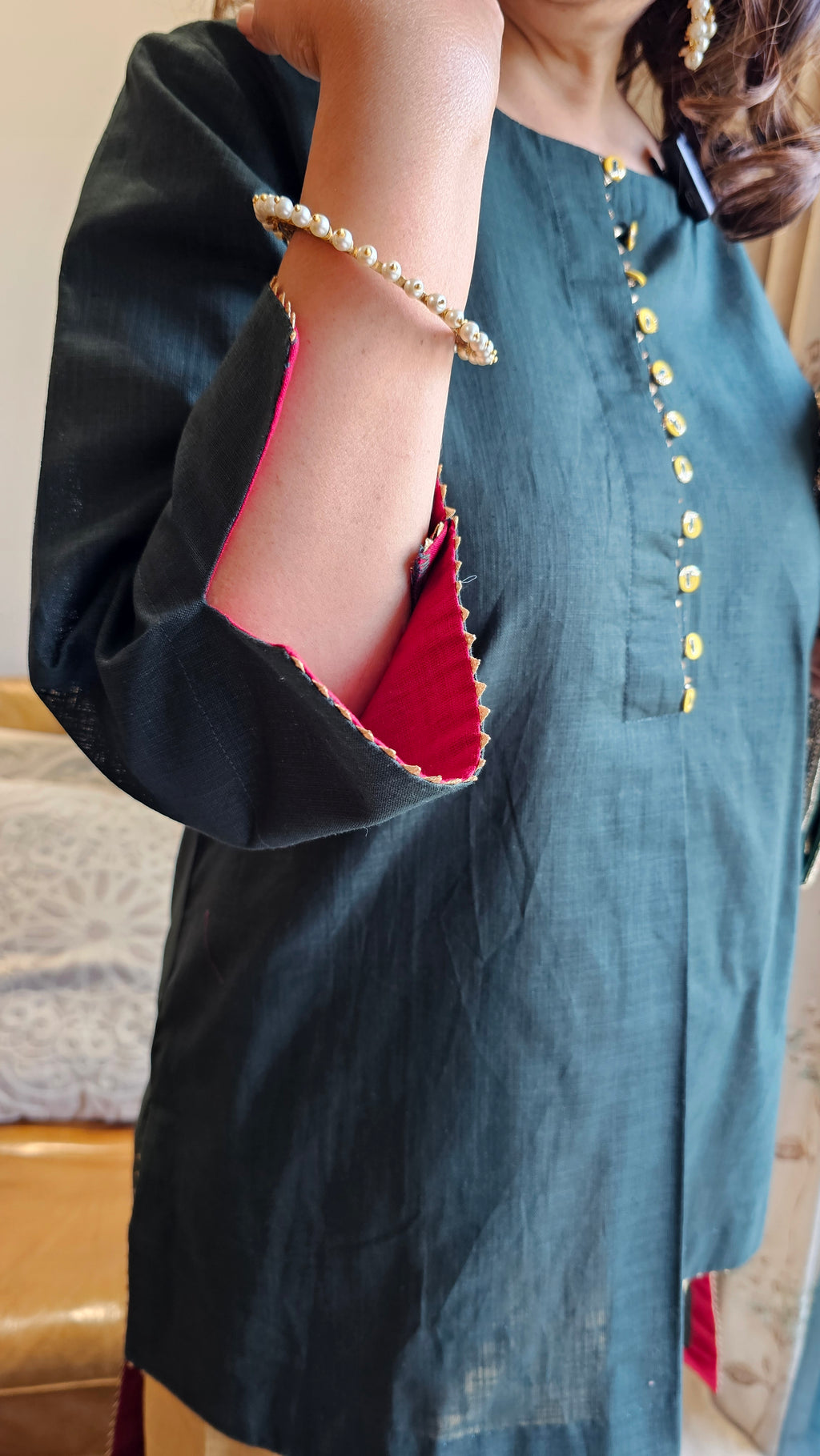 Stunning Land & Short Linen Kurta & Pants With Zari, Gota & Sippi Sitara Work