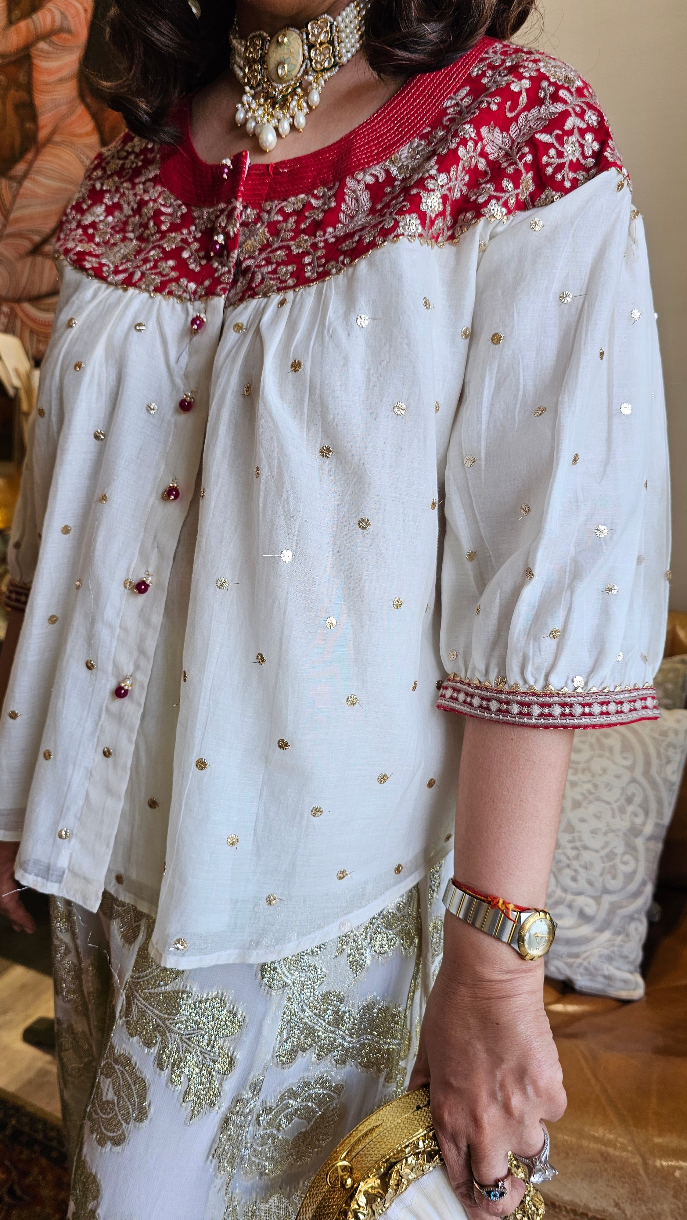 Stunning Cotton Mukaish Kurta with Cotton Jacquard Bottom Fully Lined With Mul Dressed with Embroidered Yok & Bottom Hemline