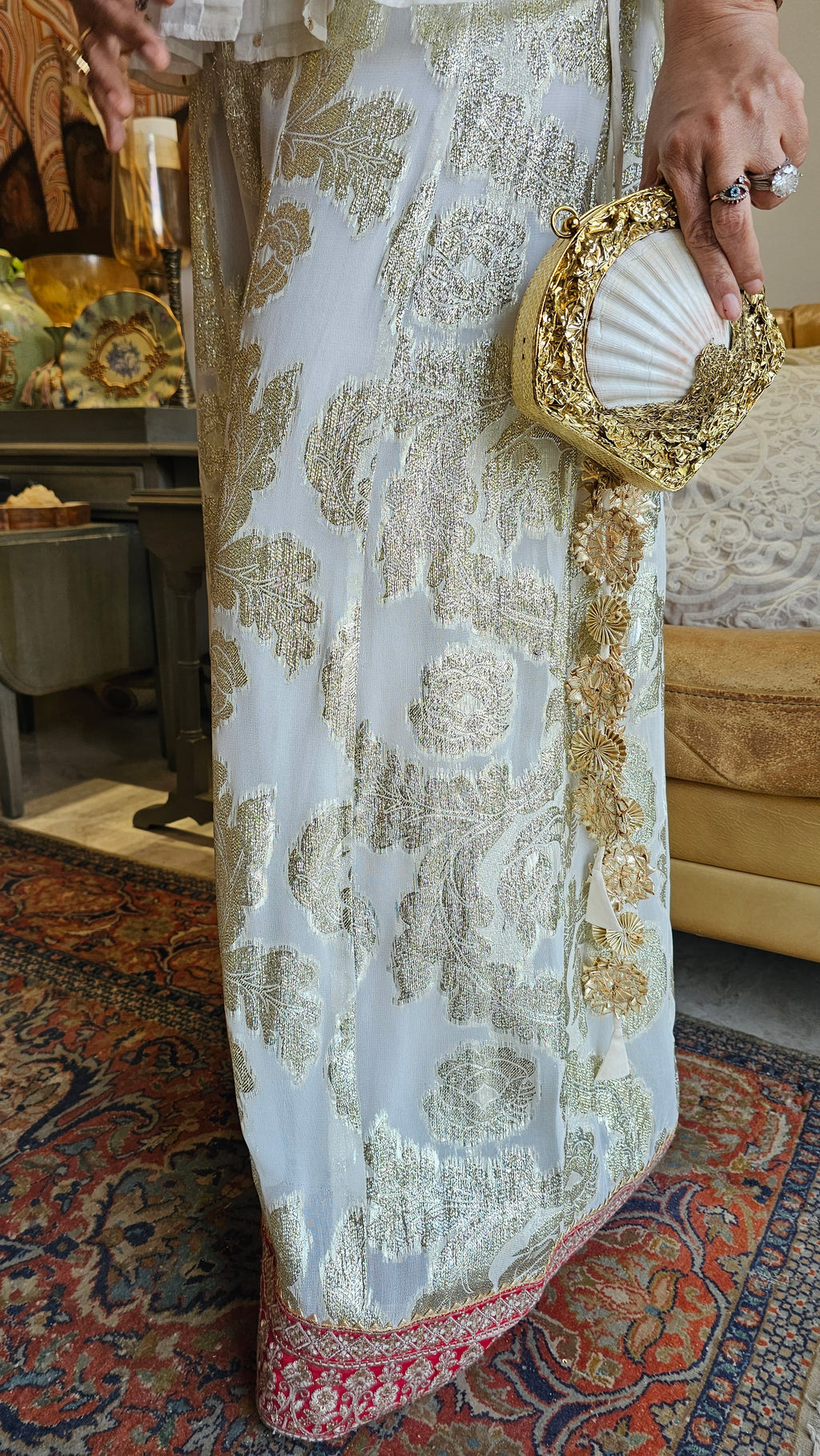 Stunning Cotton Mukaish Kurta with Cotton Jacquard Bottom Fully Lined With Mul Dressed with Embroidered Yok & Bottom Hemline