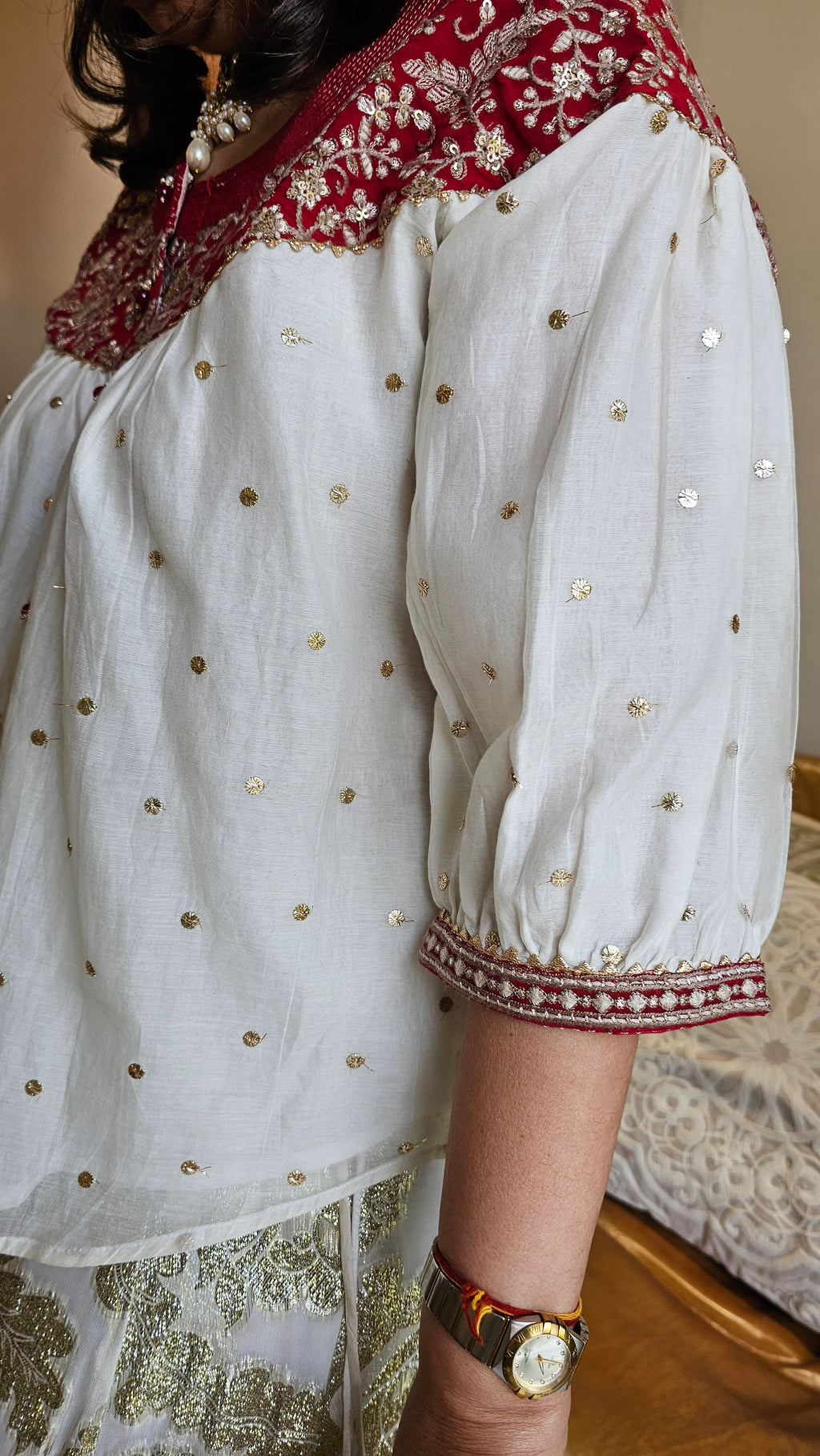 Stunning Cotton Mukaish Kurta with Cotton Jacquard Bottom Fully Lined With Mul Dressed with Embroidered Yok & Bottom Hemline