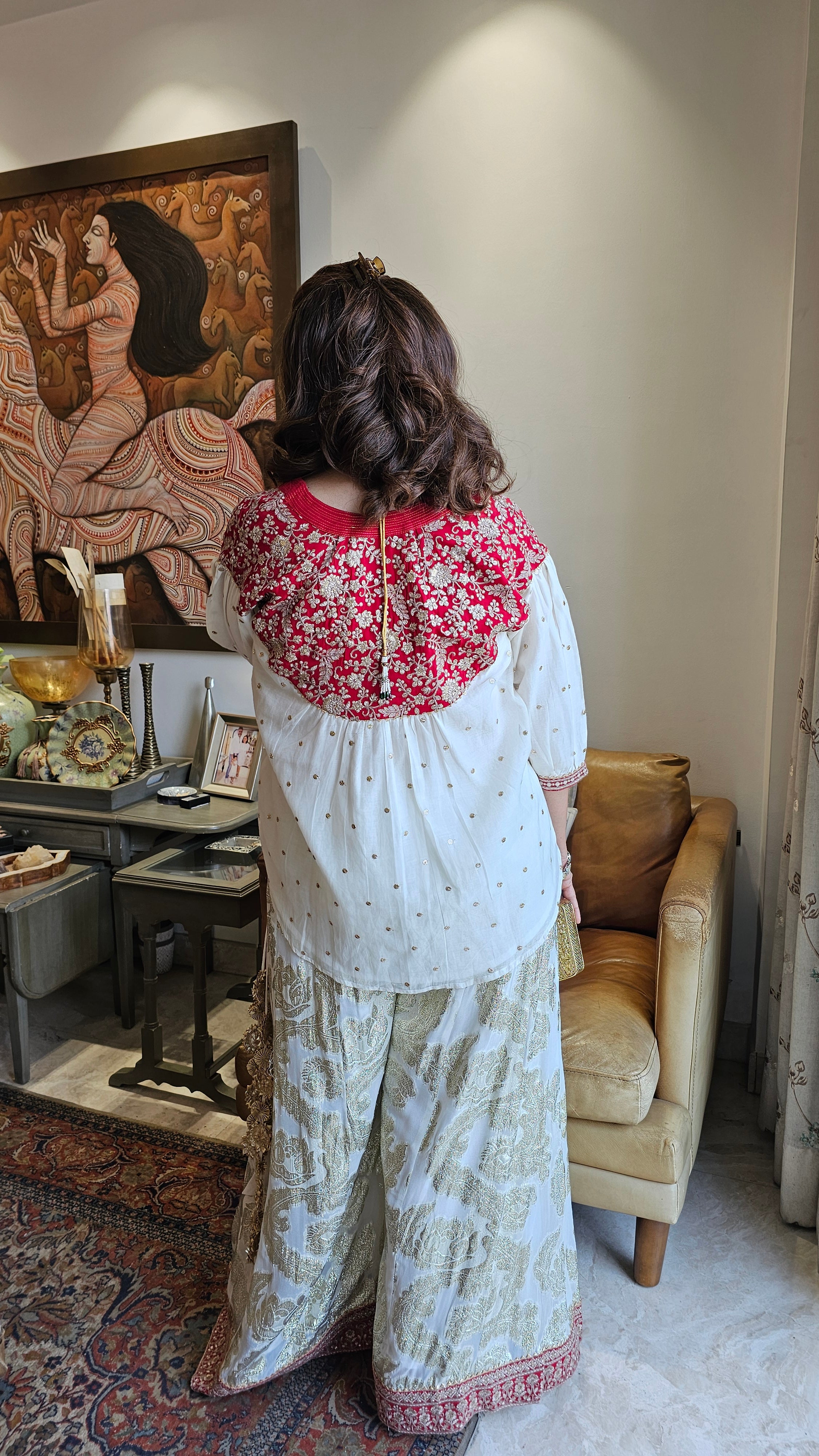 Stunning Cotton Mukaish Kurta with Cotton Jacquard Bottom Fully Lined With Mul Dressed with Embroidered Yok & Bottom Hemline