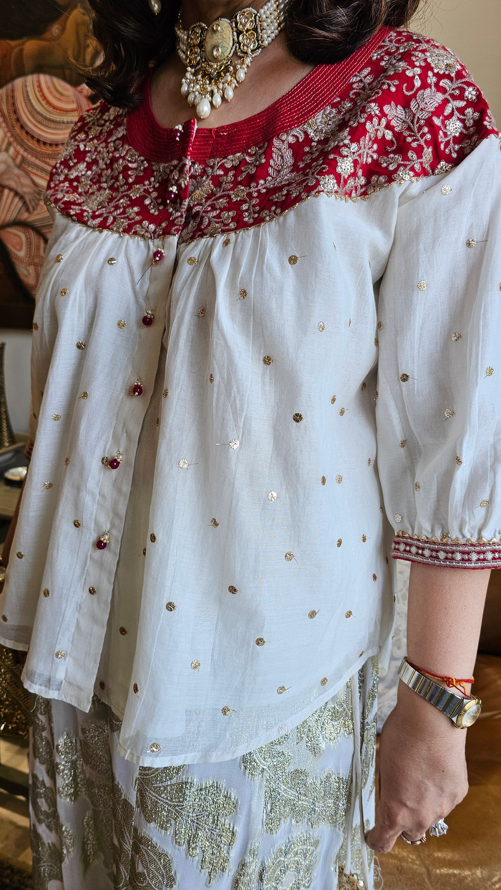 Stunning Cotton Mukaish Kurta with Cotton Jacquard Bottom Fully Lined With Mul Dressed with Embroidered Yok & Bottom Hemline