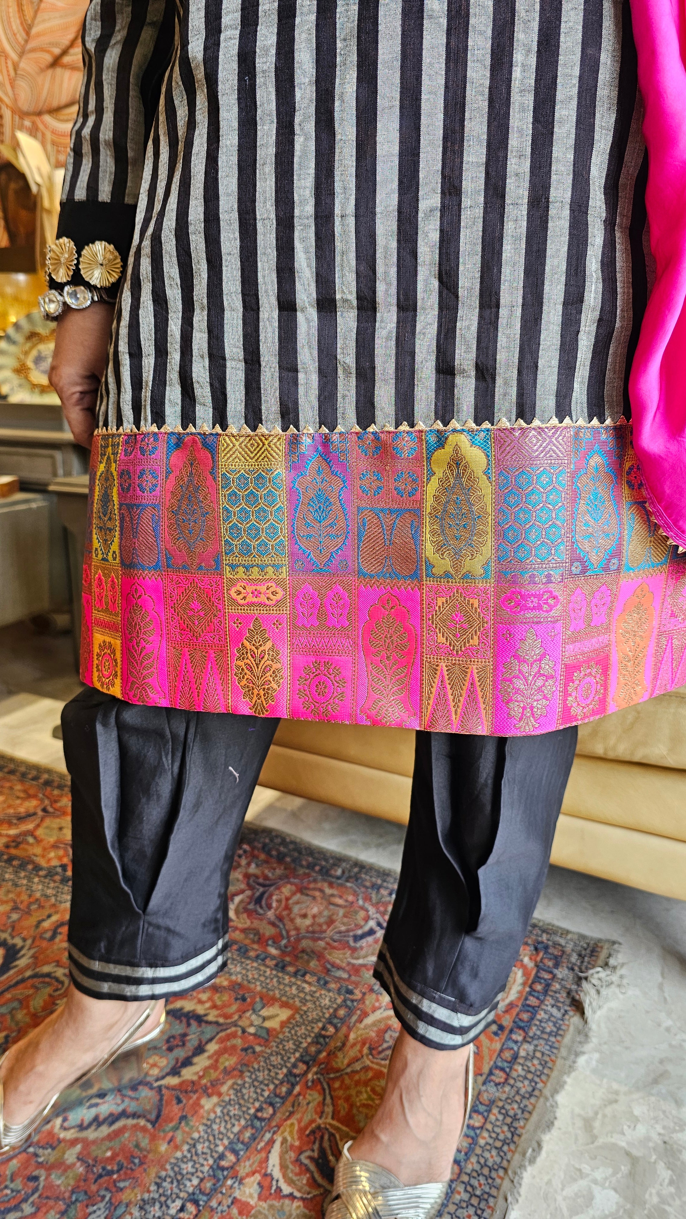 Stunning Beautiful Tissue Banarasi Kurta, Chanderi Bottom & Satin Scarf Trimmed With Gota Kinari