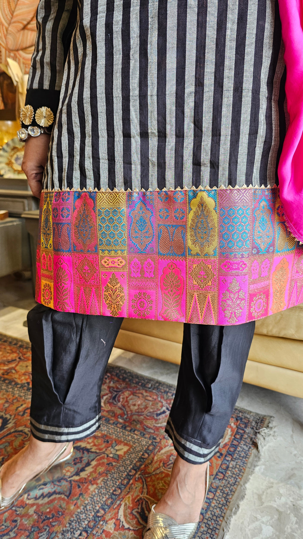 Stunning Beautiful Tissue Banarasi Kurta, Chanderi Bottom & Satin Scarf Trimmed With Gota Kinari