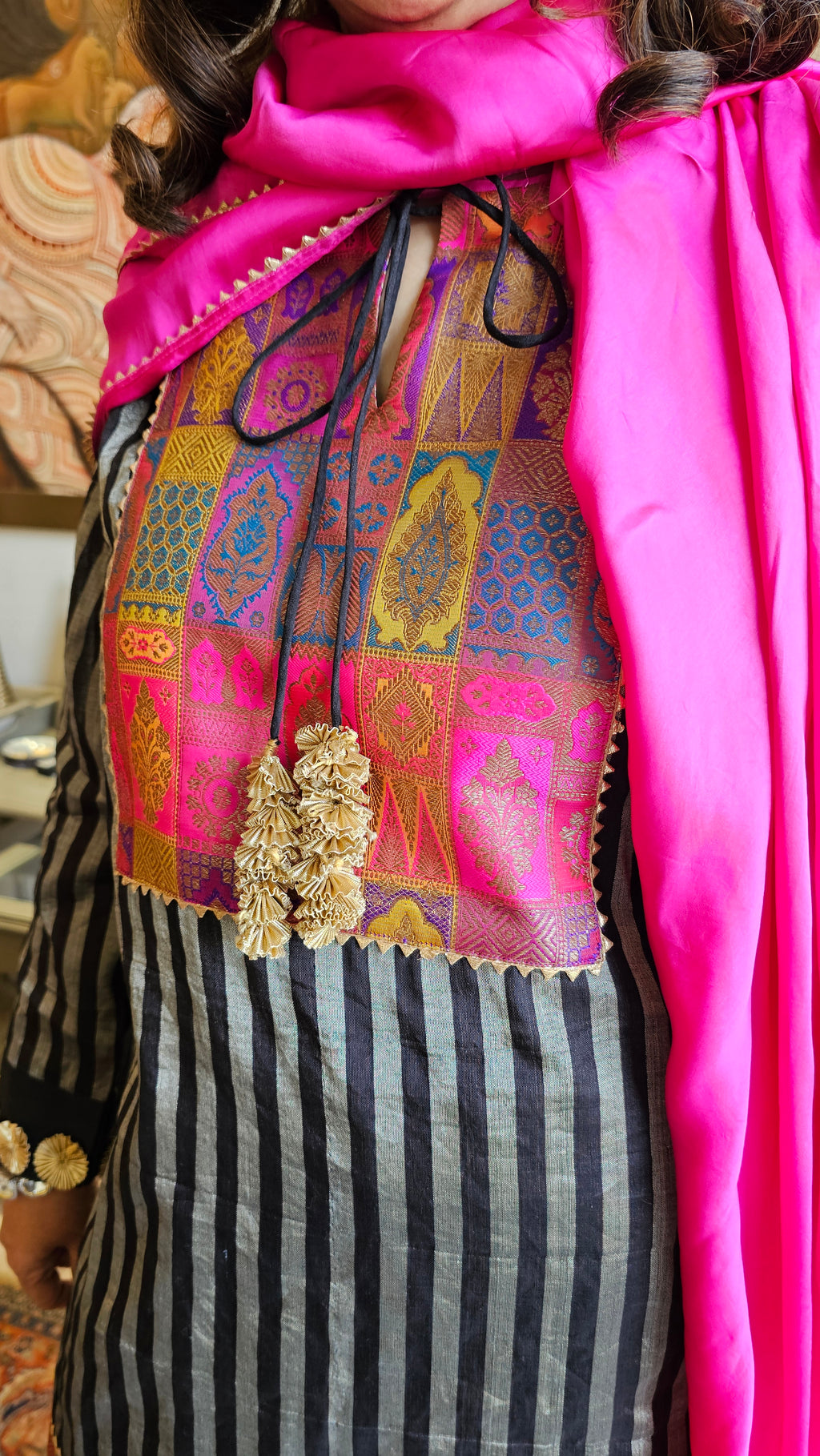 Stunning Beautiful Tissue Banarasi Kurta, Chanderi Bottom & Satin Scarf Trimmed With Gota Kinari
