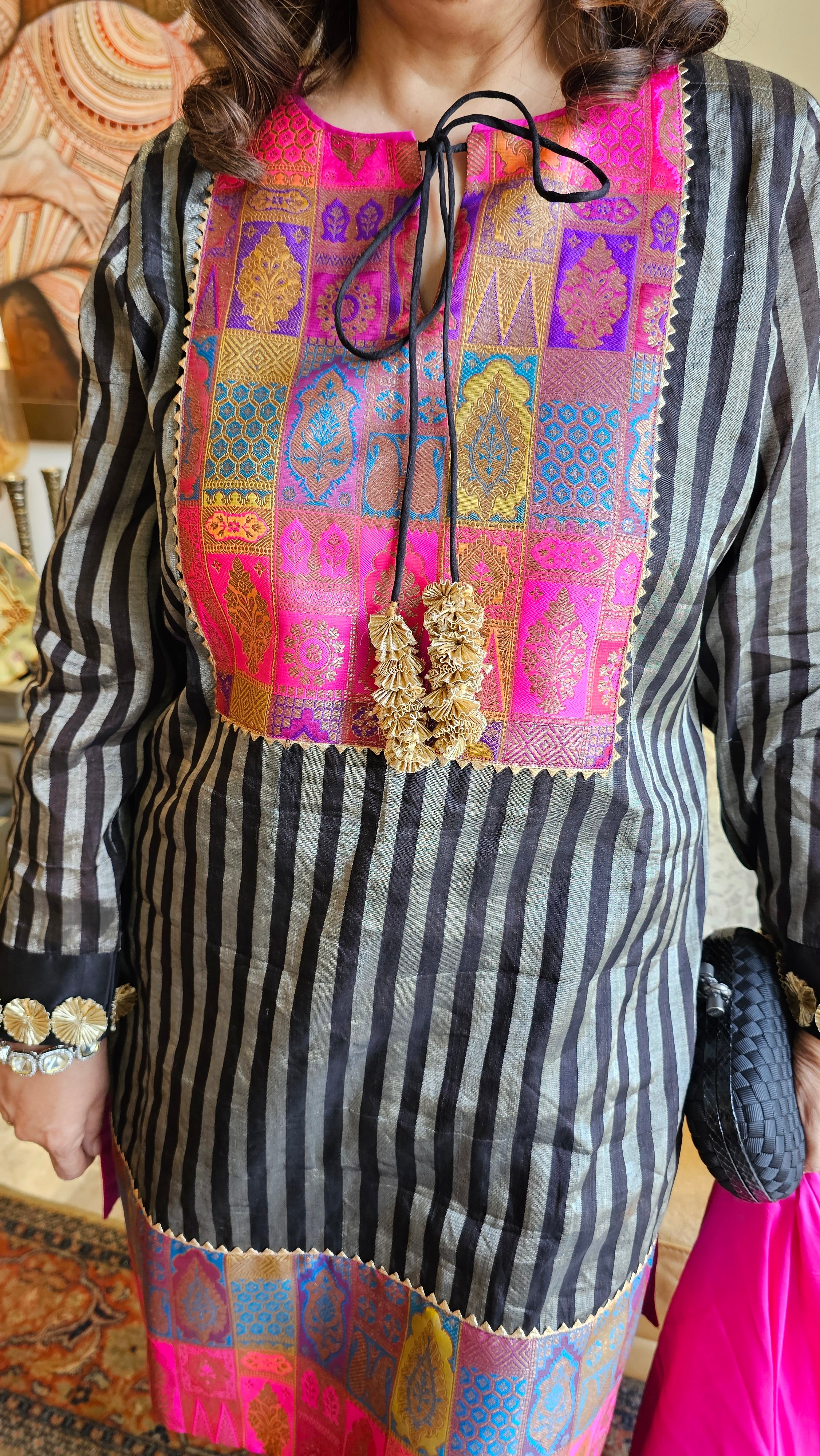 Stunning Beautiful Tissue Banarasi Kurta, Chanderi Bottom & Satin Scarf Trimmed With Gota Kinari