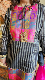 Stunning Beautiful Tissue Banarasi Kurta, Chanderi Bottom & Satin Scarf Trimmed With Gota Kinari